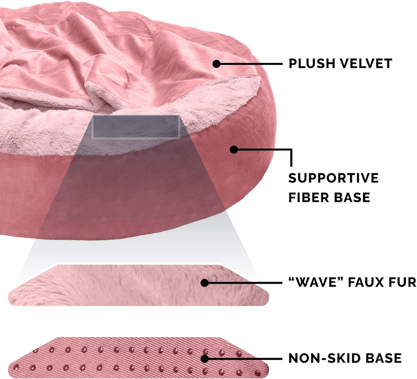 Furhaven 27" Round Calming Donut Dog Bed for Medium/Small Dogs, Washable, For Dogs Up to 45 lbs - Plush Velvet Waves Hooded Donut Bed - Rose Pink, Medium