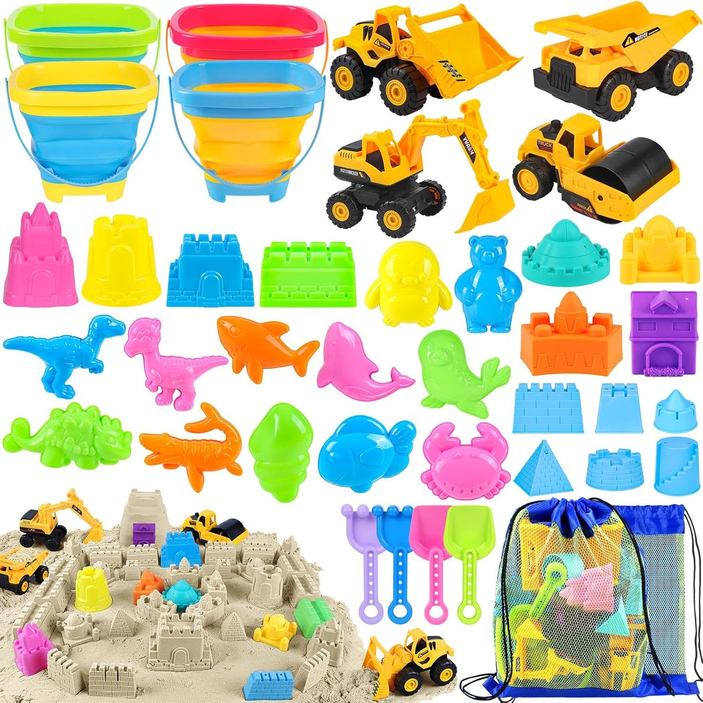 Beach Toys, Sand Toys for Kids Boys and Girls with 4 Beach Construction Vehicles, 4 Collapsible Bucket, Sand Castle Building Kit, Sand Molds, Mesh Bag, Outdoor Toys for Kids Ages 4-8