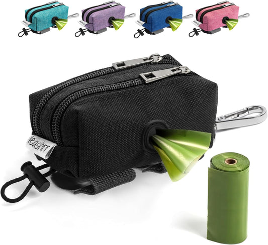 Dog Poop Bag Holder for Leashes - Dog Poop Bag Dispenser and Treat Holder with 2 Waterproof Pouches for Pet Waste Bags and Walking Accessories + 1 Free Roll - Leashrr 2.0 (Black)