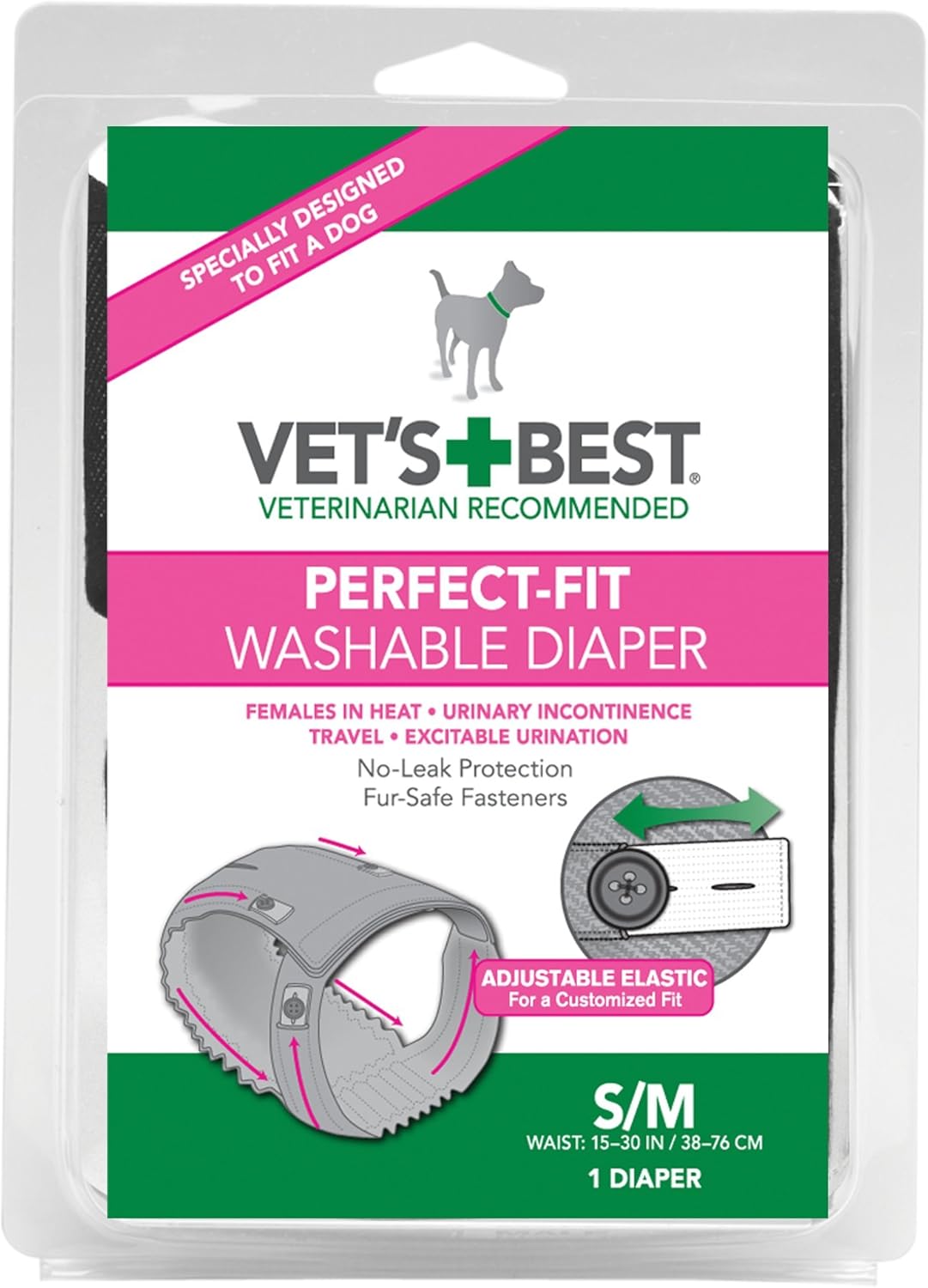 Vet's Best Washable Female Dog Diaper, Small/Medium, Waist 15"-30"