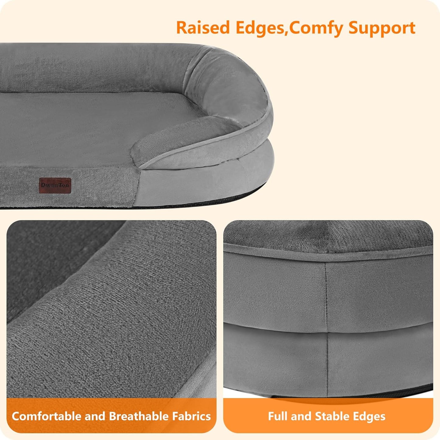 Dwanton Orthopedic Dog Bed for Large Dogs with Gel Memory Foam, Waterproof Dog Sofa, Washable Pet Bed with Four Sided Bolster Cushion, Removable Cover & Non-Slip Bottom, 42", Medium Gray