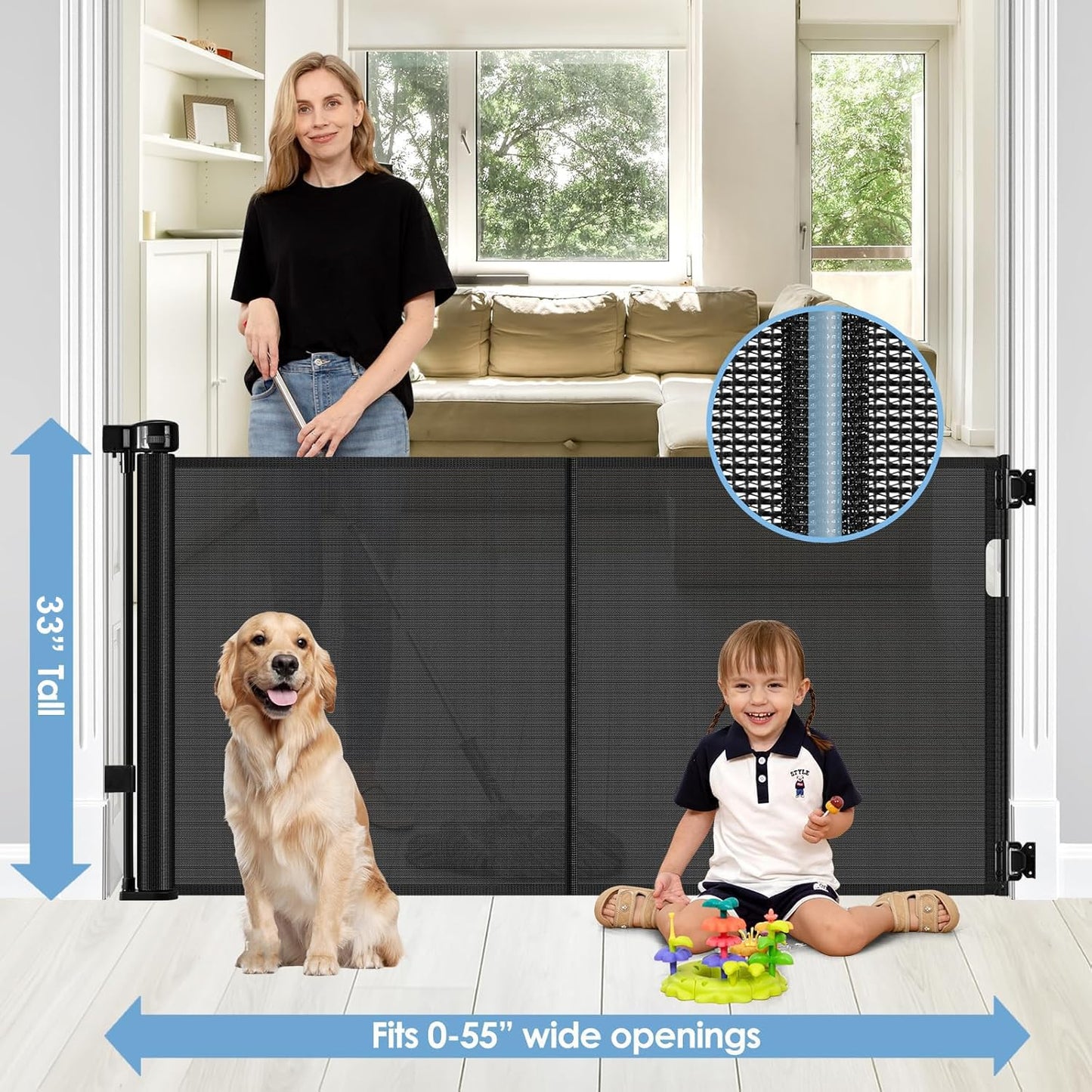 Reinforced Retractable Baby Gates with Support Rods, Extends up to 55” Wide, Retractable Dog Gate for Doorways Prevent Bottom Crawling Through, Mesh Pet Gate for Stairs Indoor Outdoor, Black