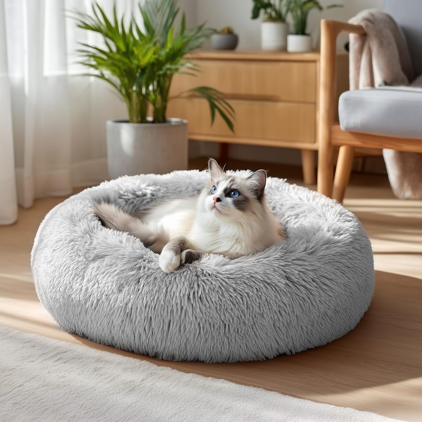 Deconovo Calming Donut Dog Bed, Washable Plush Round Pet Bed for Small Dogs & Cats with Raised Rim, Non-Slip Base and Soft Faux Fur—Lightweight, Easy-Care Design Light Grey 25" L x 25" W x 8" Th