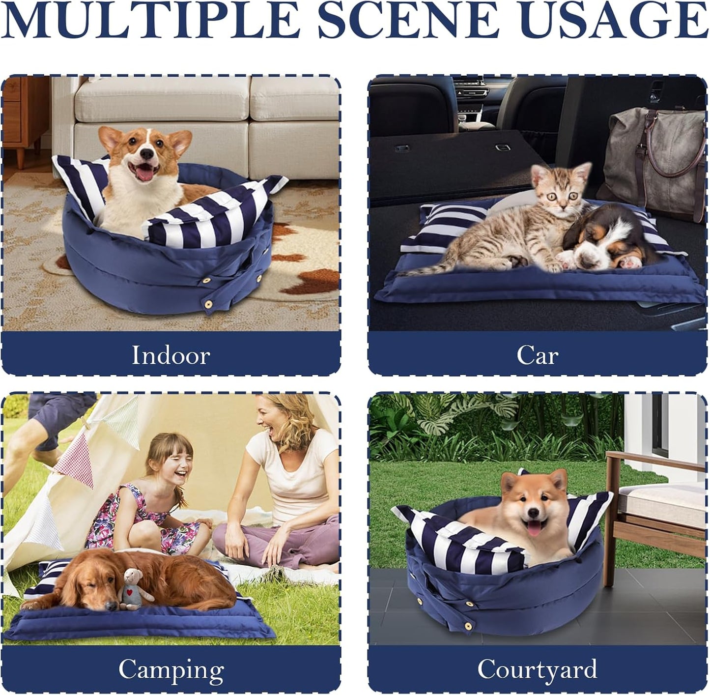 2-in-1 Dog Bed for Medium Size Dogs Up to 40 lbs Pet Bed Waterproof Dog Crate Bed with Removable Washable Cover, 23 x 9 Inches, Blue Stripes