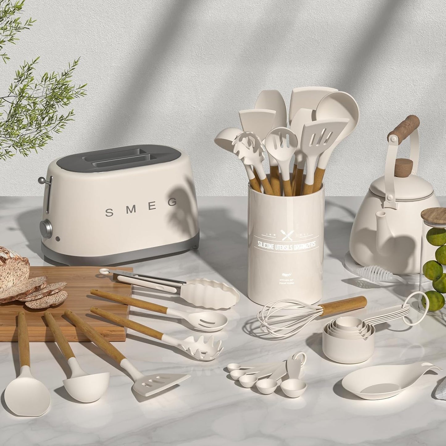 Thickened Silicone Cooking Utensils Set- Umite Chef Khaki Kitchen Utensils Set, 34PCS Heat Resistant Kitchen Gadgets Tools Set with Grater, BPA-Free Kitchen Spatula Set for Nonstick Cookware