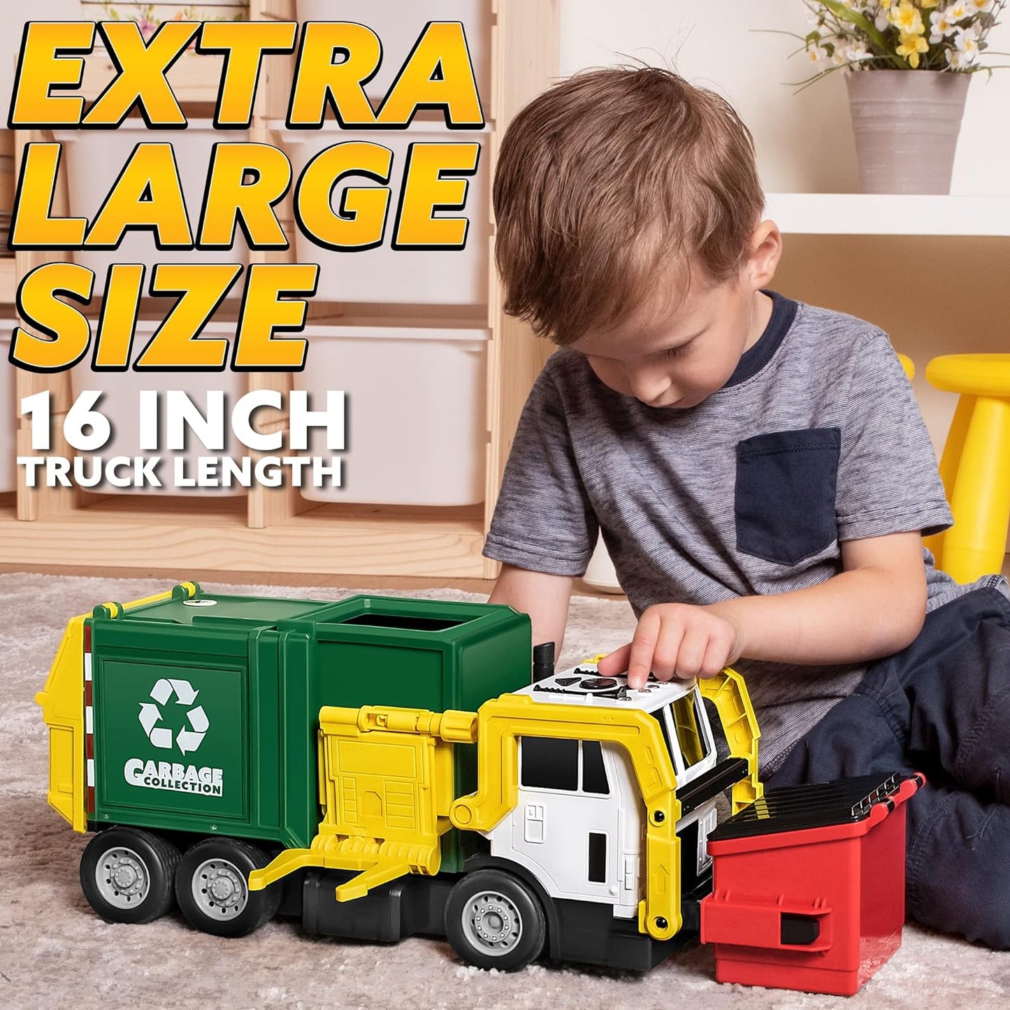 JOYIN Large Friction Powered Garbage Truck Toy Set, Includes Dumpster, Trash Bins, and Learning Cards for Kids, Boy Toys Birthday Gift for Boys Girls Kids Toddler Gift of Easter Basket Stuffers