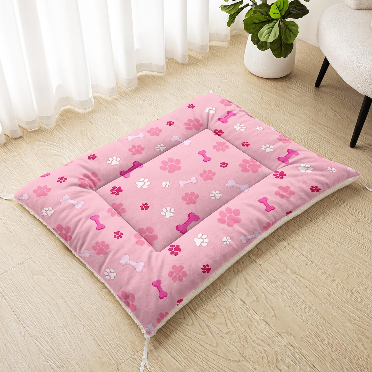Pink Paw Print Dog Bed Mat - Cute Puppy Pad for Crate or Kennel - Washable Bone Design Pet Mat - Soft Fleece Liner for Small Dogs & Cats - Anti-Slip (M)