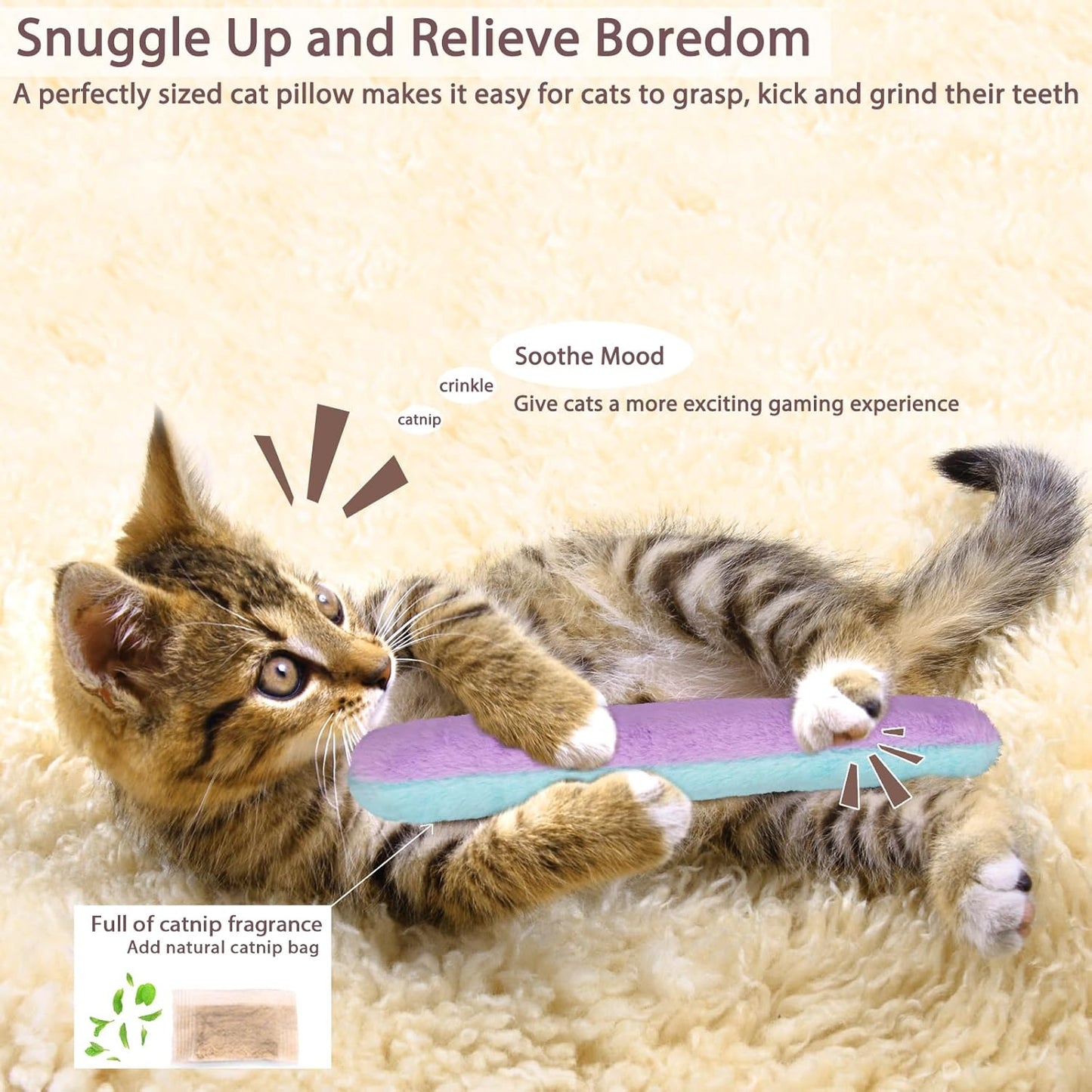 Retro Shaw Cat Toys Pillows 3Pcs, Refillable Catnip Toys with Crinkle Inside, Interactive Indoor Kitty Kicker Stick for Kitten Exercise Boredom Relief 8 Inches
