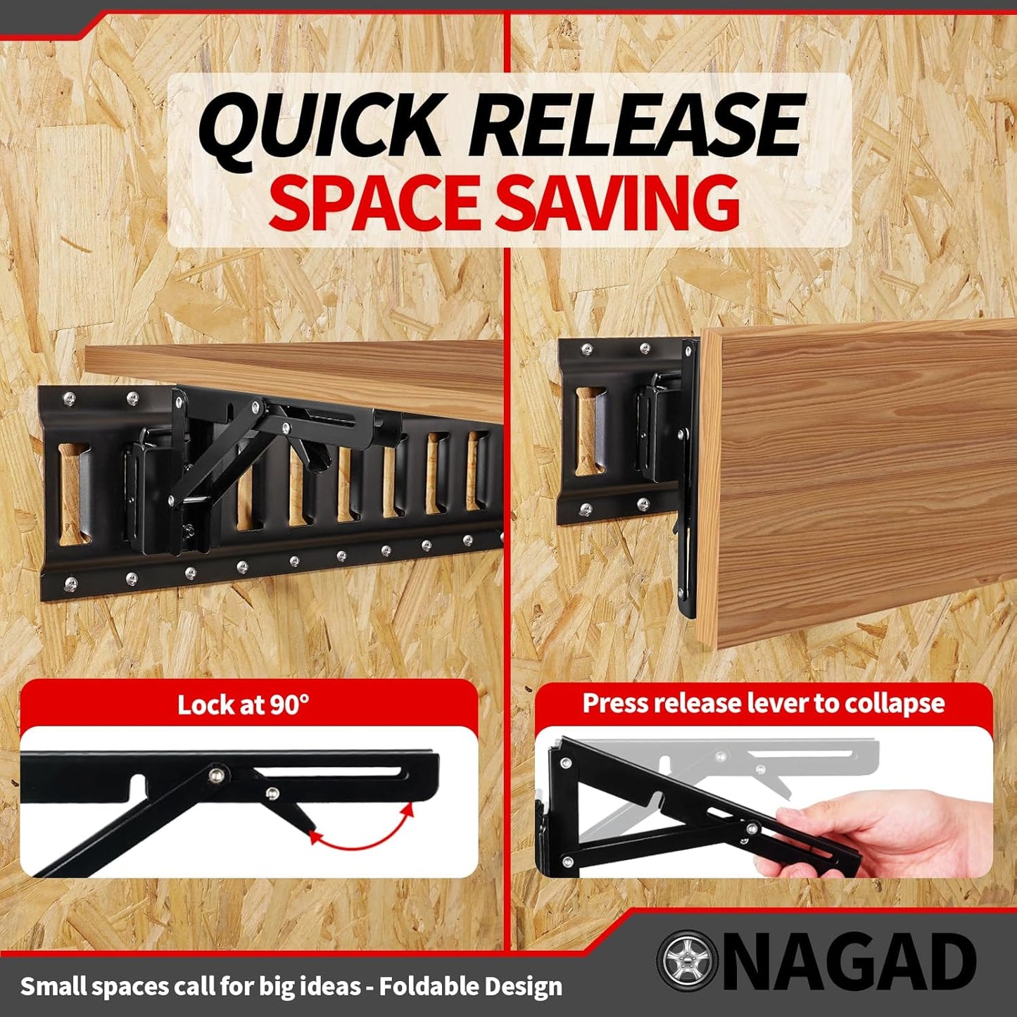 E Track Folding Fixed Shelf Brackets 2 Pcs 8 inch Black Heavy Duty Metal DIY E-Track Collapsible Shelf Hinge Etrack Accessories for Workbench Table Shelves in Enclosed Trailer, Truck