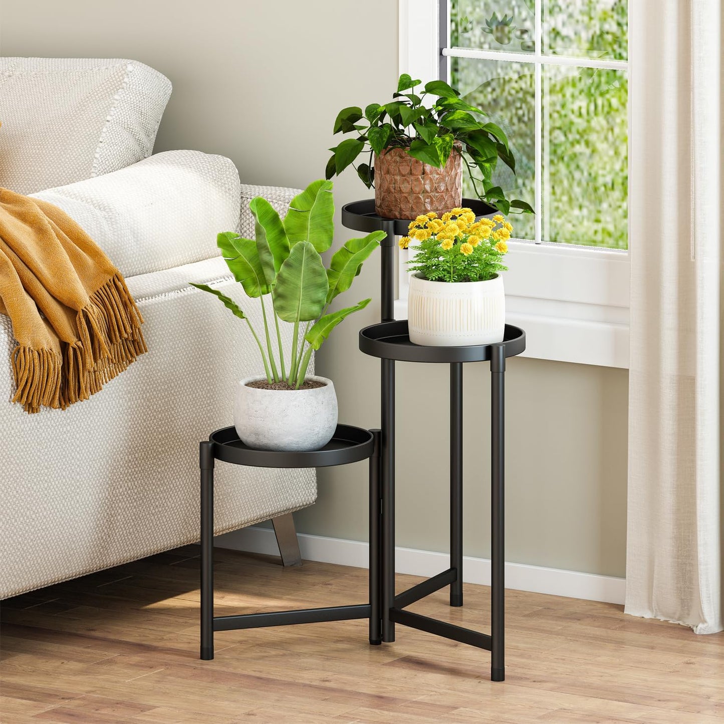 Plant Stand indoor outdoor-3 Tier black Tall Metal Flower Pot Holder 9in Wide Potted Display Rack - Heavy Duty Corner Plant Shelf for Patio Garden Balcony Living Bedroom Room