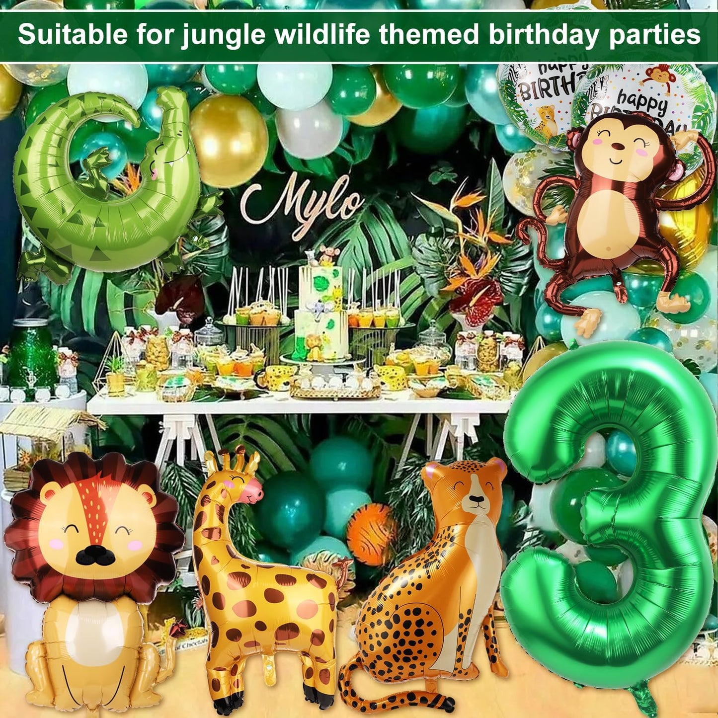 10pcs Jungle Safari Animal Balloons, Cute Jungle Theme Zoo Party Supplies Monkey Elephant Zebra Leopard Crocodile Giraffe Shaped for Birthday Party Decor (Number 3)