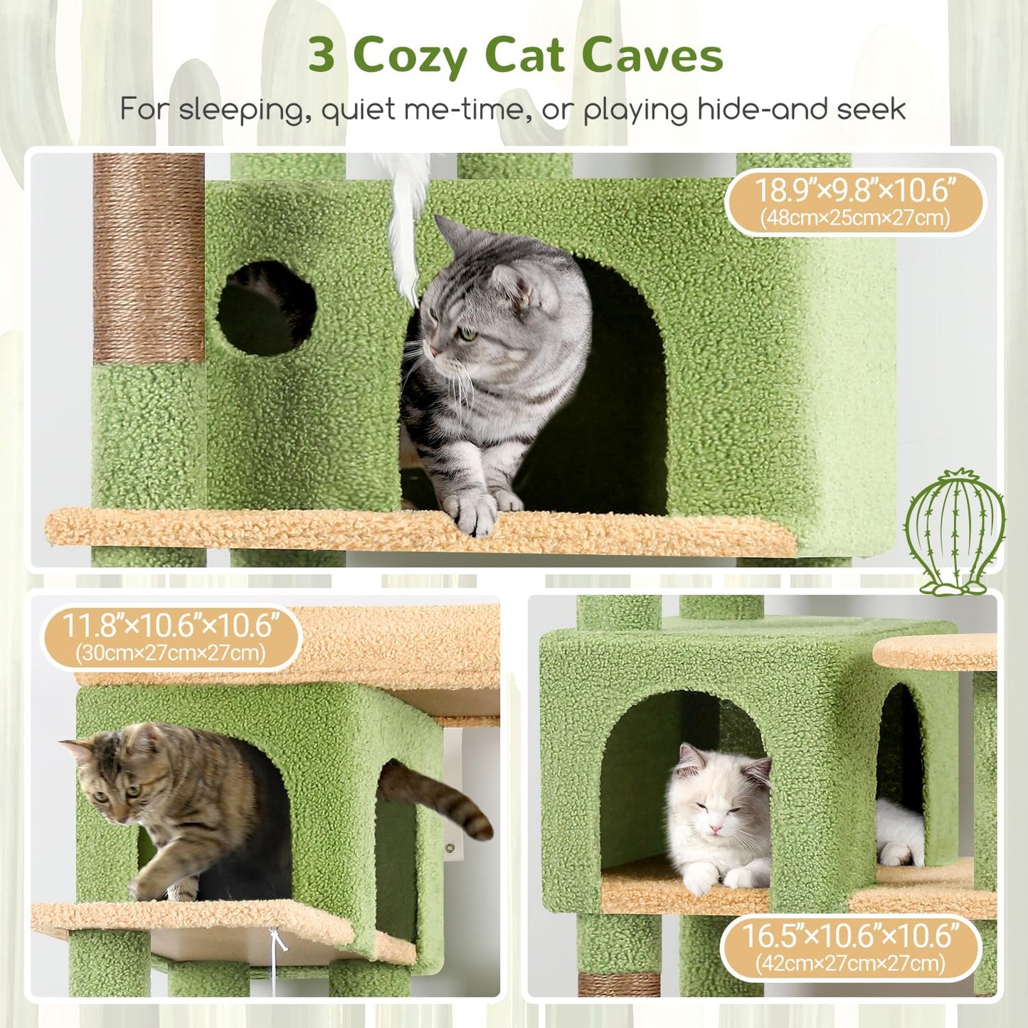 Globlazer Corner Cactus Cat Tree 66 inch Multi-Level Cactus Climbing Tower Kitty Condos Cat Scratching Tower for Indoor Multiple Cats with Large Platform, 3 Cat Caves, F66, Green