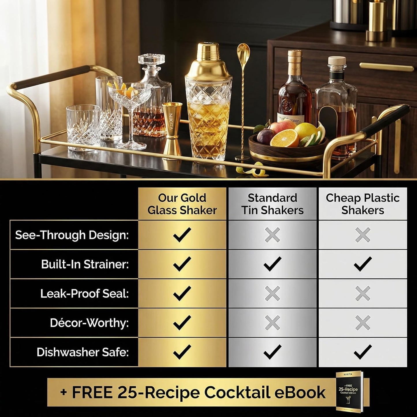 NIKITA by Niki Glass Cocktail Shaker Set, 5-Piece Martini Shaker & Bartender Kit with Bar Accessories Strainer, Jigger, Spoon & Muddler, Gold 16oz Drink Mixer with Bartender Accessories