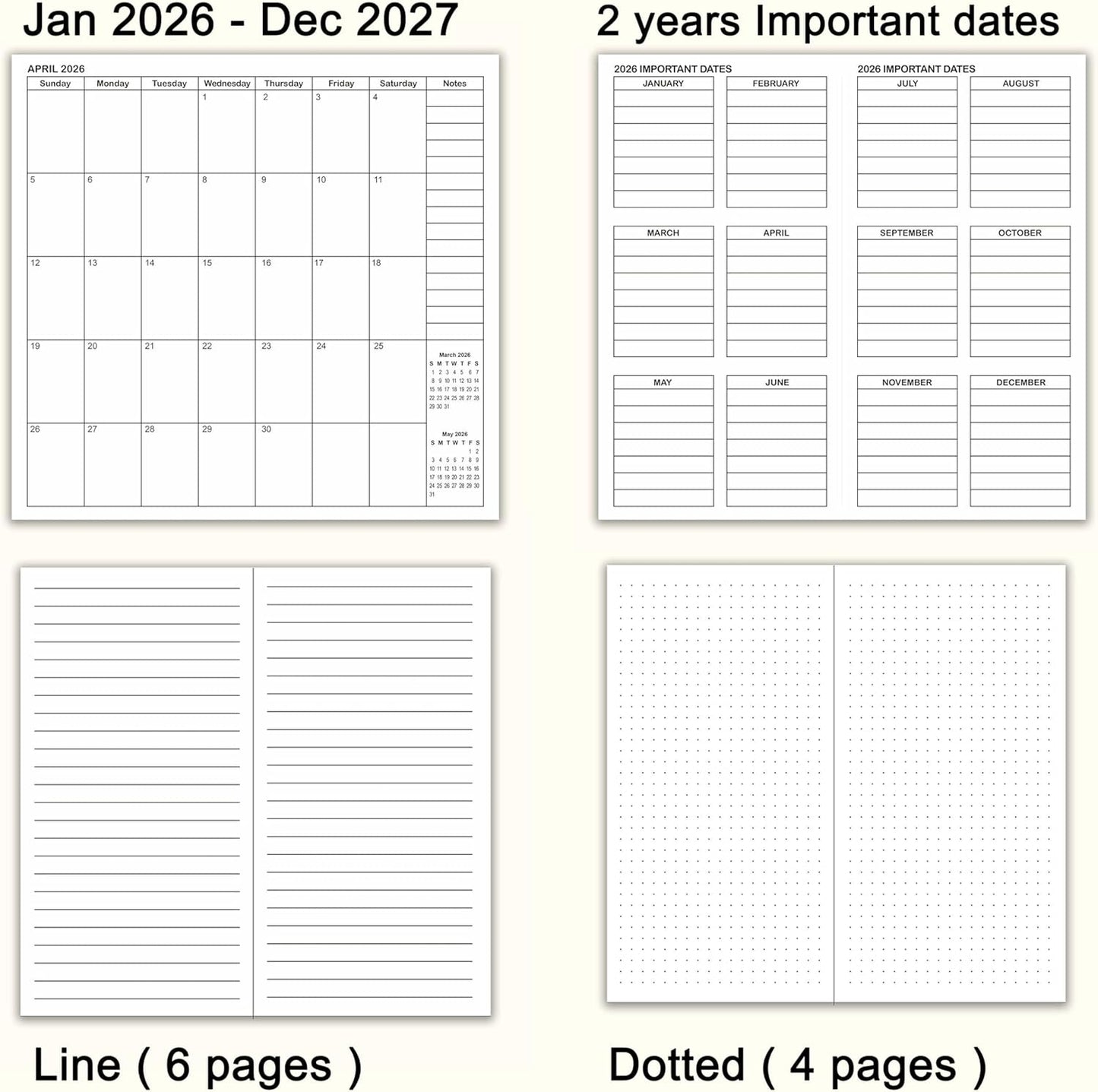 Travelers Notebook Inserts Jan 2026 - Dec 2027, Travelers Notebook Calendar 2 Years, Monthly Planner, Regular Size TN Journal, 8.3 x 4.25 inches, 1pcs