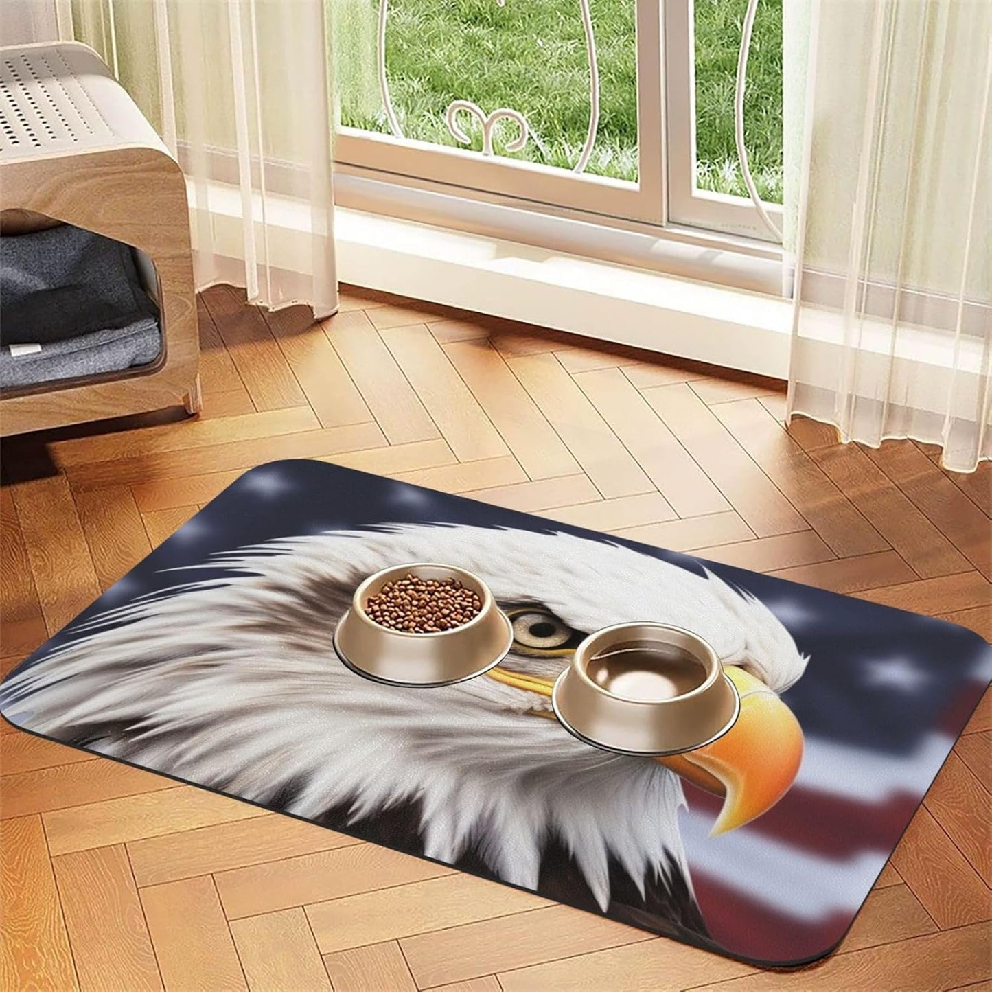 Bald Eagle Pet Feeding Mat 30x45cm Absorbent Leather Dog Cat Food Mats Non-Slip Dog Bowl Mats for Food and Water, Quick Dry Pets Placemats for Cats and Dogs Water Bowl