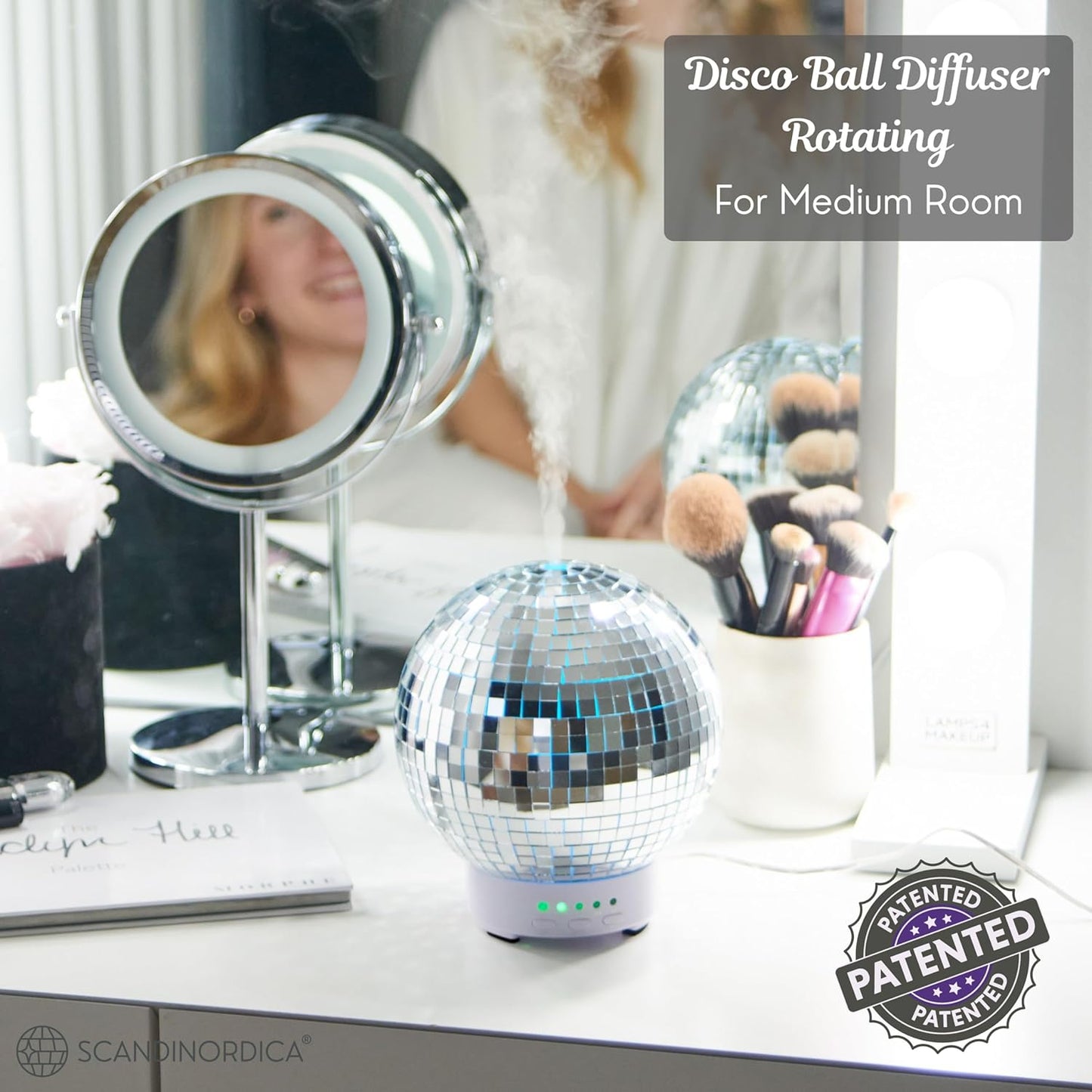 SCANDINORDICA Disco Ball Diffuser - Original Rotating Disco Essential Oil Diffuser with Whisper Quiet Operation, 14 Color Night Light & 4Time Settings | Cute Eclectic Home Decor for Medium Room Silver