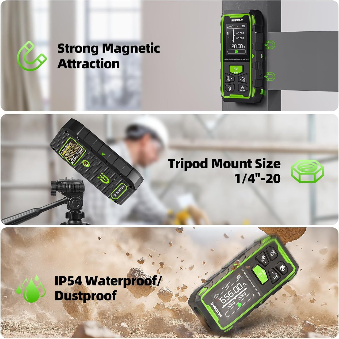 656ft/200M Dual Laser Distance Measuring Tool, Huepar Professional Rechargeable Digital Laser Room Measure Devices, Bilateral Metro Laser Measurement Tool with with Angle Sensor, Magnetic Back