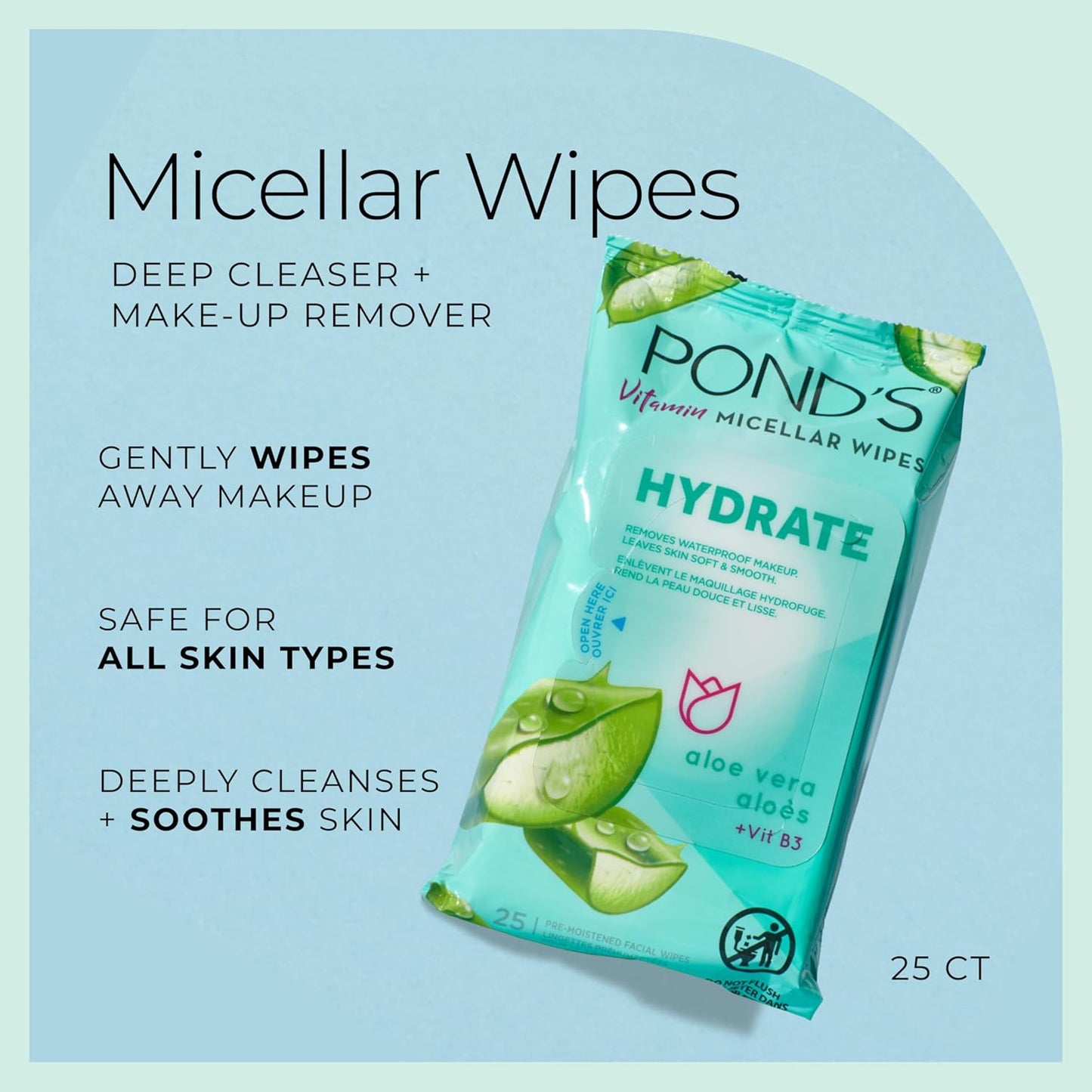 POND’S Micellar Makeup Remover Wipes, Removes Waterproof Mascara, with Aloe Vera & Vitamin B3, Alcohol-Free Facial Cleansing Wipes for Dry Skin, 25 Count