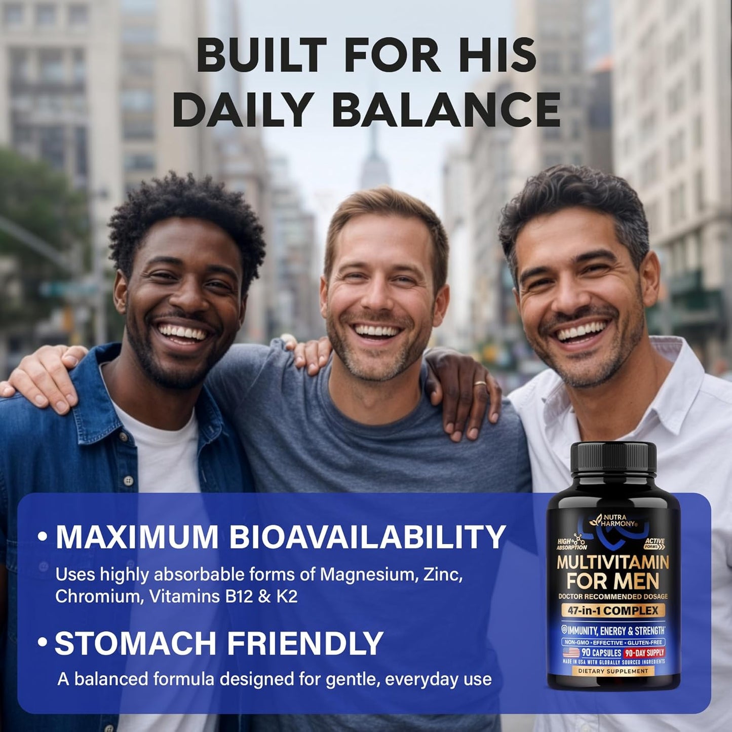 Multivitamin for Men - B-Complex | Whole Foods & Enzymes - Energy, Focus & Brain | Men's Health Complex - 46in1 Mens Multivitamin - Bioavailable & Gentle on Stomach - Made in USA - 90 Capsules, 1/Day
