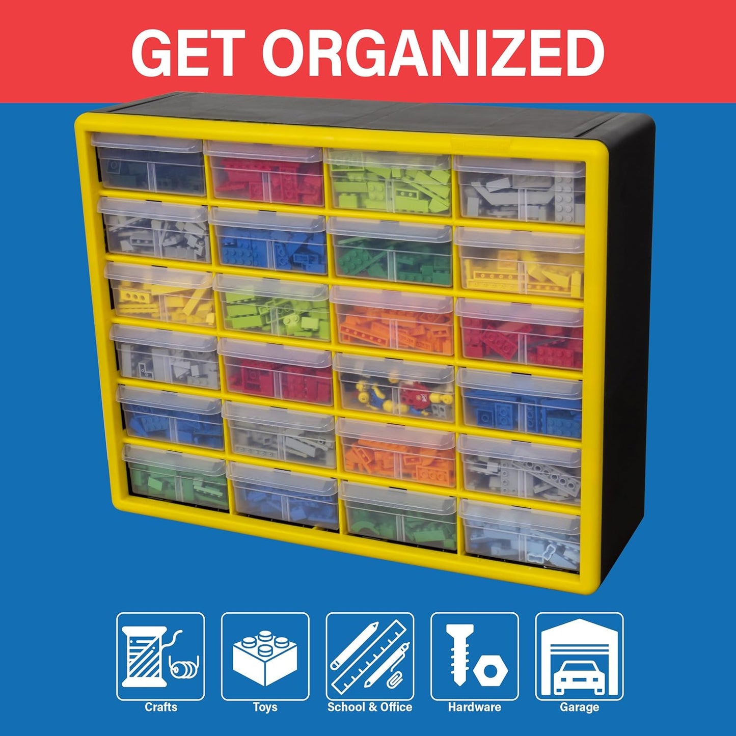 Akro-Mils 24-Drawer Plastic Drawer Storage Cabinet for Garage Organization, Bead Organizer, Building Bricks Storage, Teacher Toolbox, Makeup Organizer, 20" W x 6" D x 16" H, 10724 Black