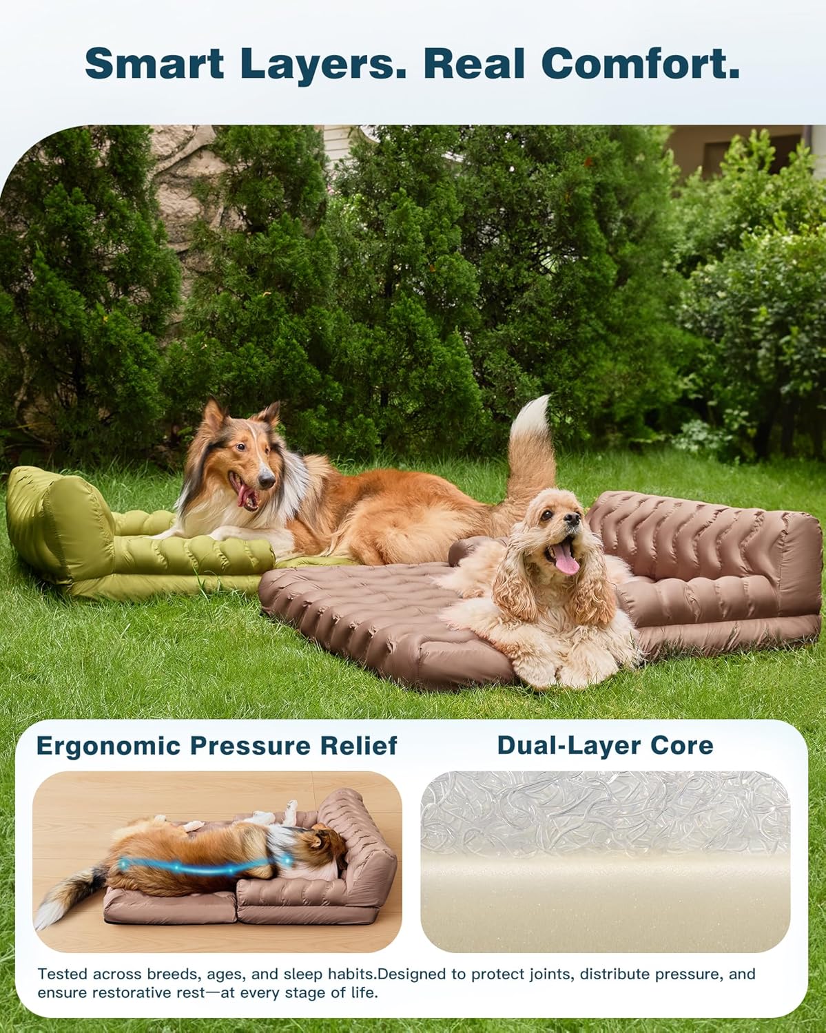 Orthopedic Memory Foam Dog Sofa Bed, Foldable Pet Couch Bed, Cooling Fabri & Removeable Cover, Beige,30"x40"x16"