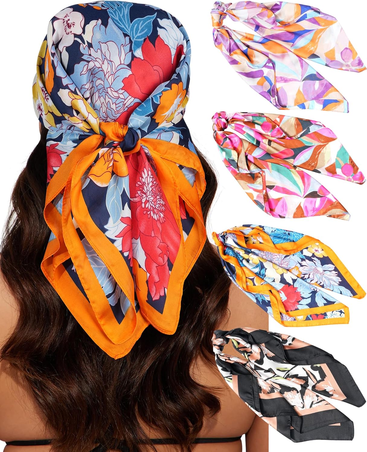 CHLINS 4 PCS 27.5 Inches Satin Head Scarf Silk Scarf for Women Lightweight Hair Bandanas Head Scarves Neck Scarf Hair Wrap