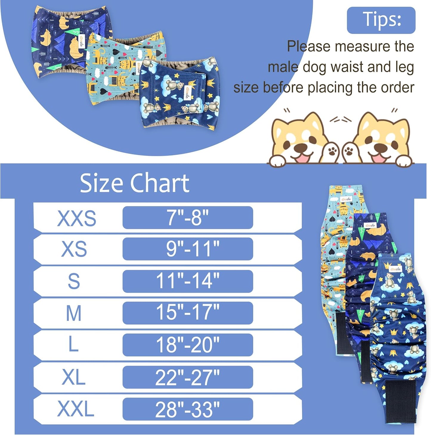 Reusable Dog Diapers Male 3Pcs, Premium Washable Belly Bands for Male Dogs Large, High Absorbing Male Dog Wraps for Doggie & Puppy in Incontinence, Excitable Urination and Training (Bear, L)