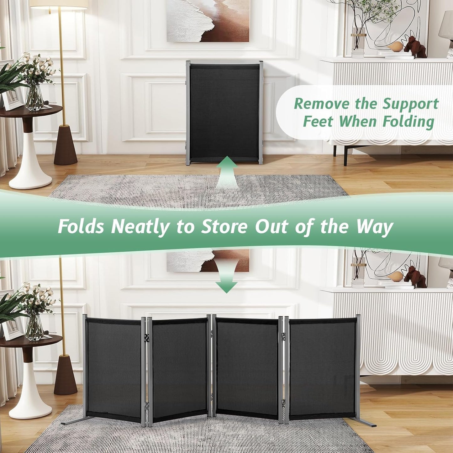 RANTILA 4 Panel Indoor Foldable Dog Fence Freestanding Dog Gate for Stairs, Hallways, or Doorways for Small Dogs- 68 X 24 Inch, Black, Need Assembly