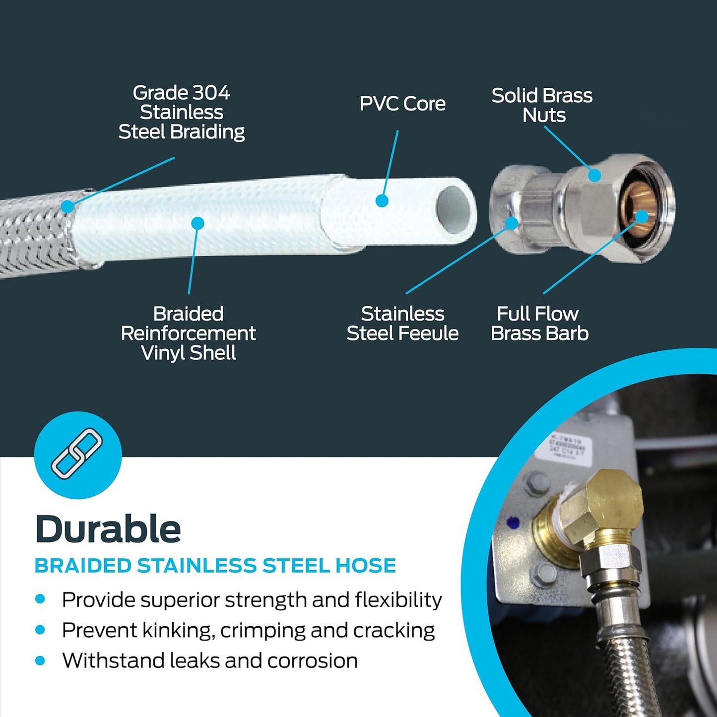 Eastman 12 Ft. Dishwasher Installation Kit, Braided Stainless Steel Supply Line with 3/8 Inch Compression Ends, 41058