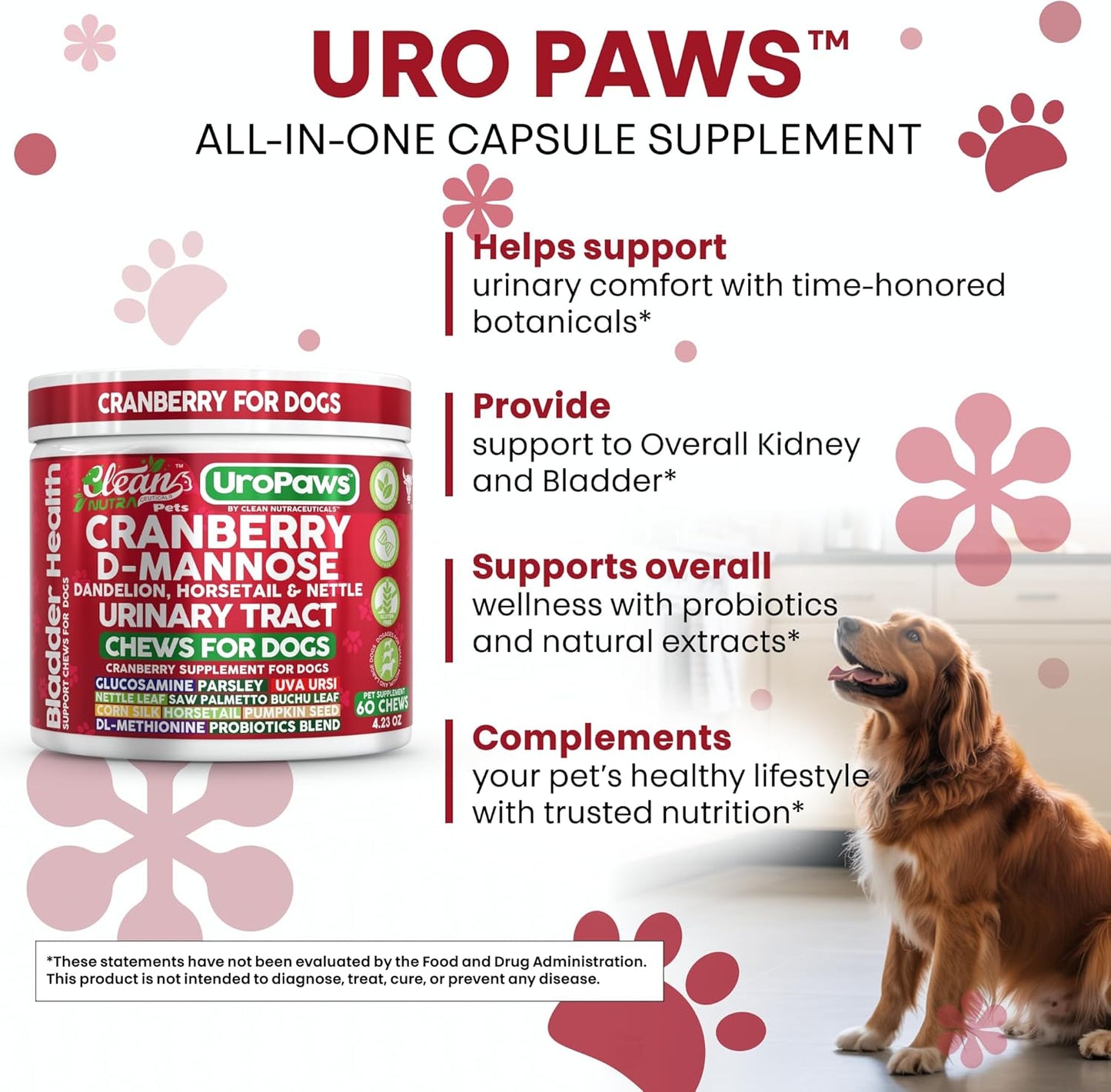 Dog UTI Treatment | Cranberry for Dogs | Urinary Tract Bladder Control | D-Mannose Dandelion Glucosamine HCL Marshmallow Nettle Leaf Saw Palmetto Uva Ursi Horsetail Beef Flavor by Clean Nutra Pets