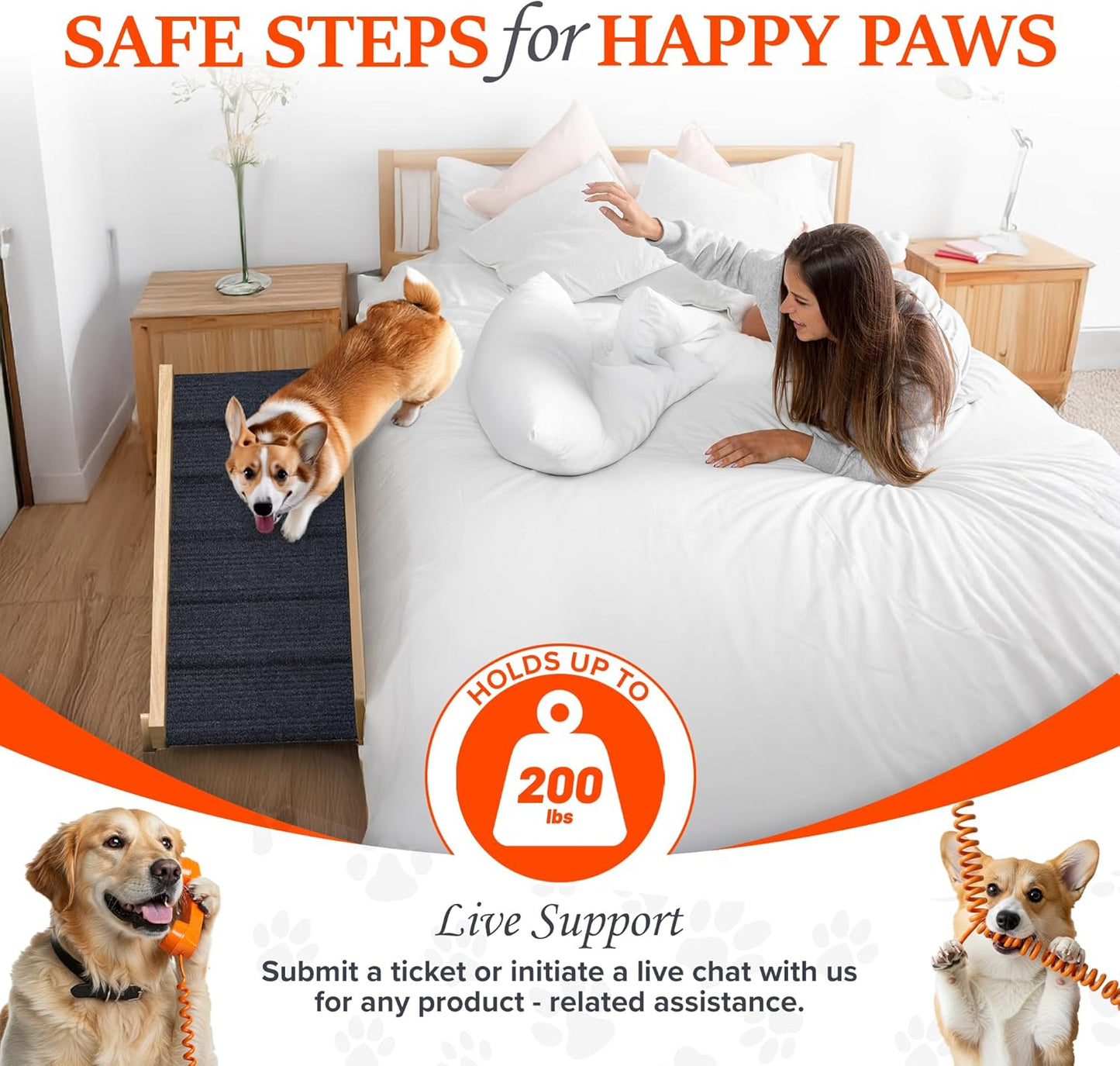 Adjustable Dog Ramp for Bed - Foldable Wooden Ramp for Dogs to Get on Bed, Couch, or Car with 13.4" Wide Walking Space (Natural Wood with Gray Carpet, Medium)