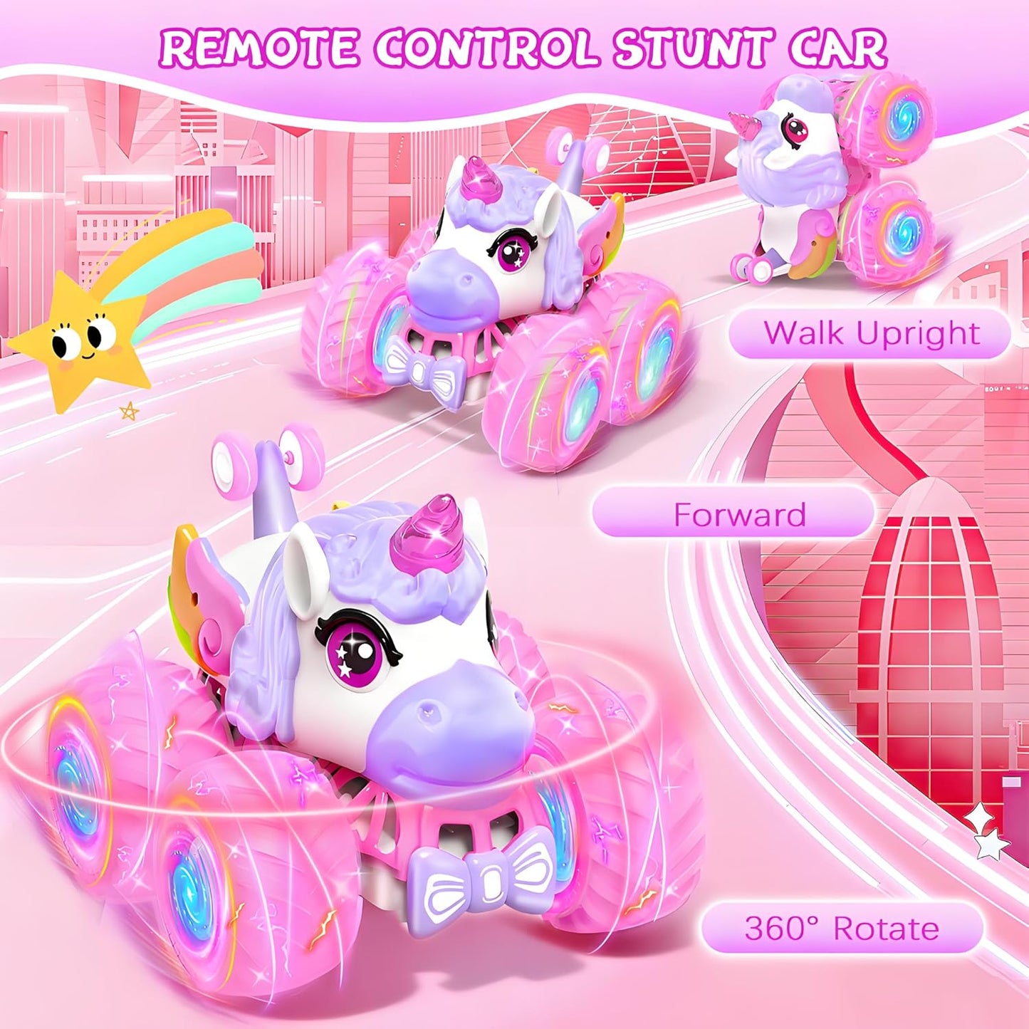 Remote Control Car for Girls, Unicorn Toys for Girls Age 3+, 360° Rotating 4WD 2.4 GHz RC Stunt Cars with Light and Music, Unicorn Gifts Presents Christmas Stocking Stuffers for 3 4-6 6-8