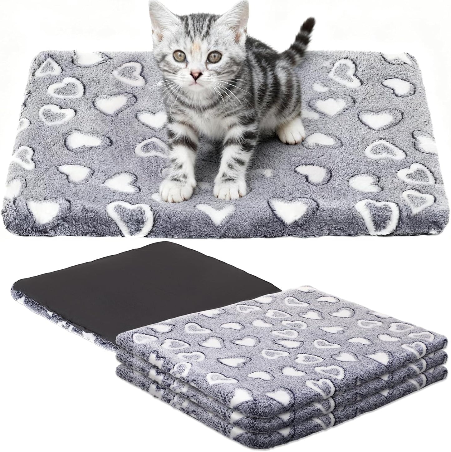 VitalCozy 3 Pcs Waterproof Reversible Dog Crate Pad Warm and Cool Dog Cats Bed Mat for Crates Sleeping Mat Cozy Heart Pattern Pet Bed for Puppy Cat Puppy Kitten Cushion Carrier, Grey(18"x14"x1.6")