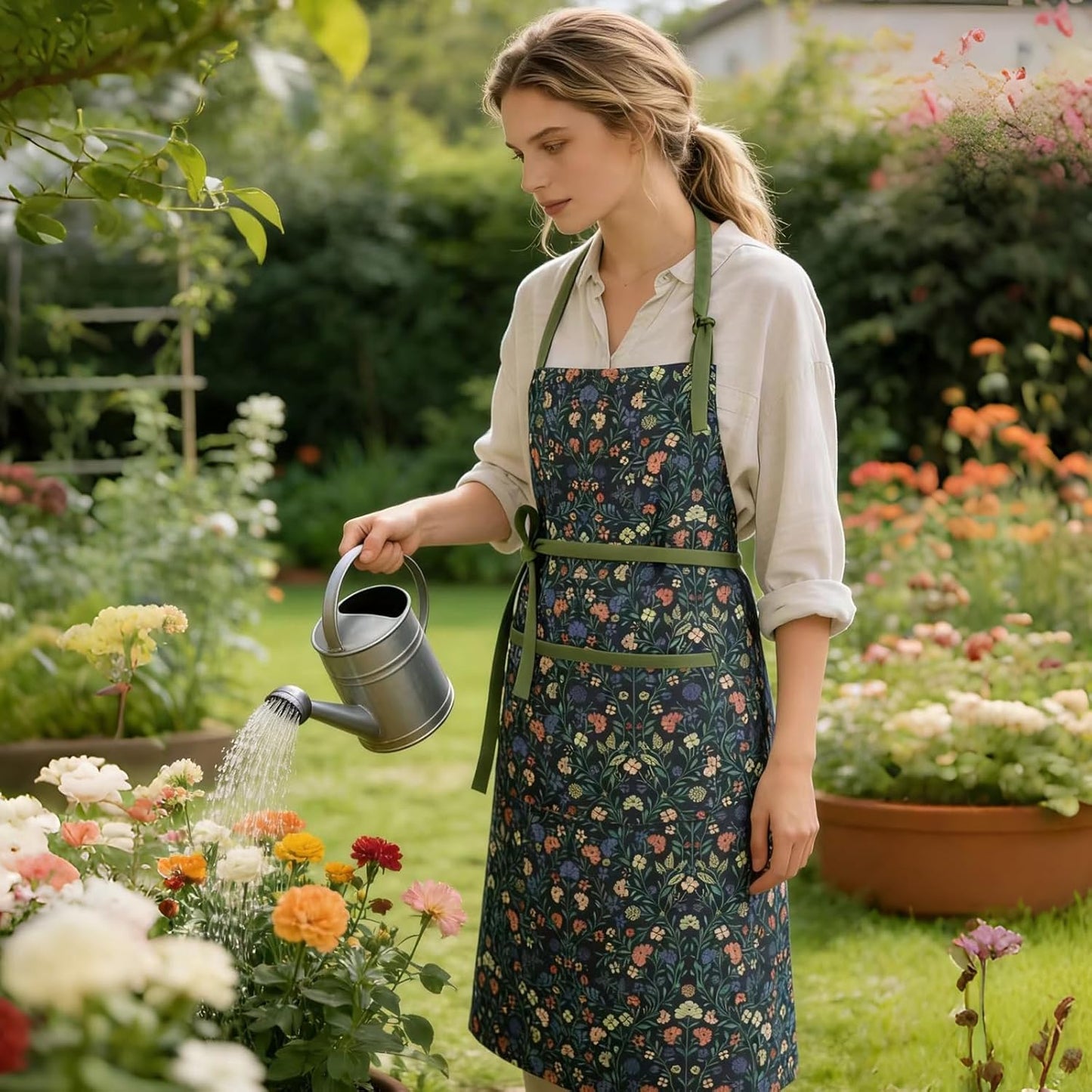 Women's Vintage Floral Kitchen Apron, Cotton Gardening Cooking Apron with Adjustable Straps & Large Pockets