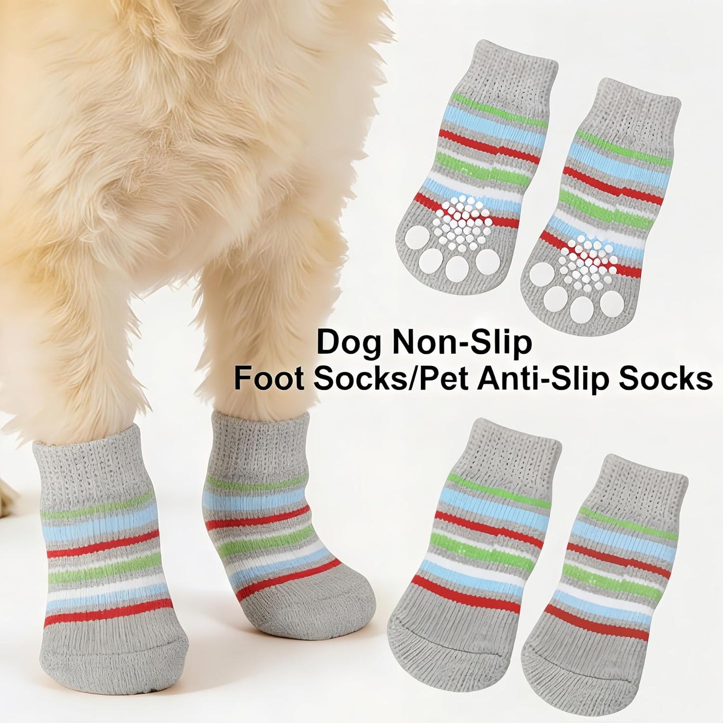 Comfortable Anti-Slip Pet Socks, Pet Foot Covers (4 Pcs) for Cats & Dogs, Breathable Cute Pet Paw Protectors for Indoor & Outdoor Use(Grey-Stripes, M)
