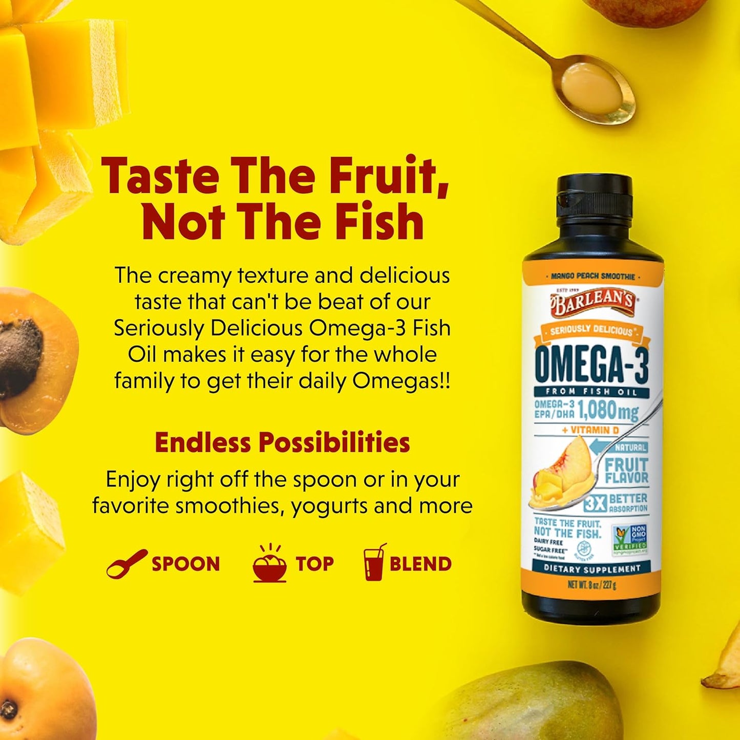 Barlean's Omega 3 Fish Oil Liquid Supplement with Vitamin D for Men and Women, 1080mg of EPA and DHA Fatty Acid, Promotes Brain & Heart Health - Non-GMO, Mango Peach, 8 oz
