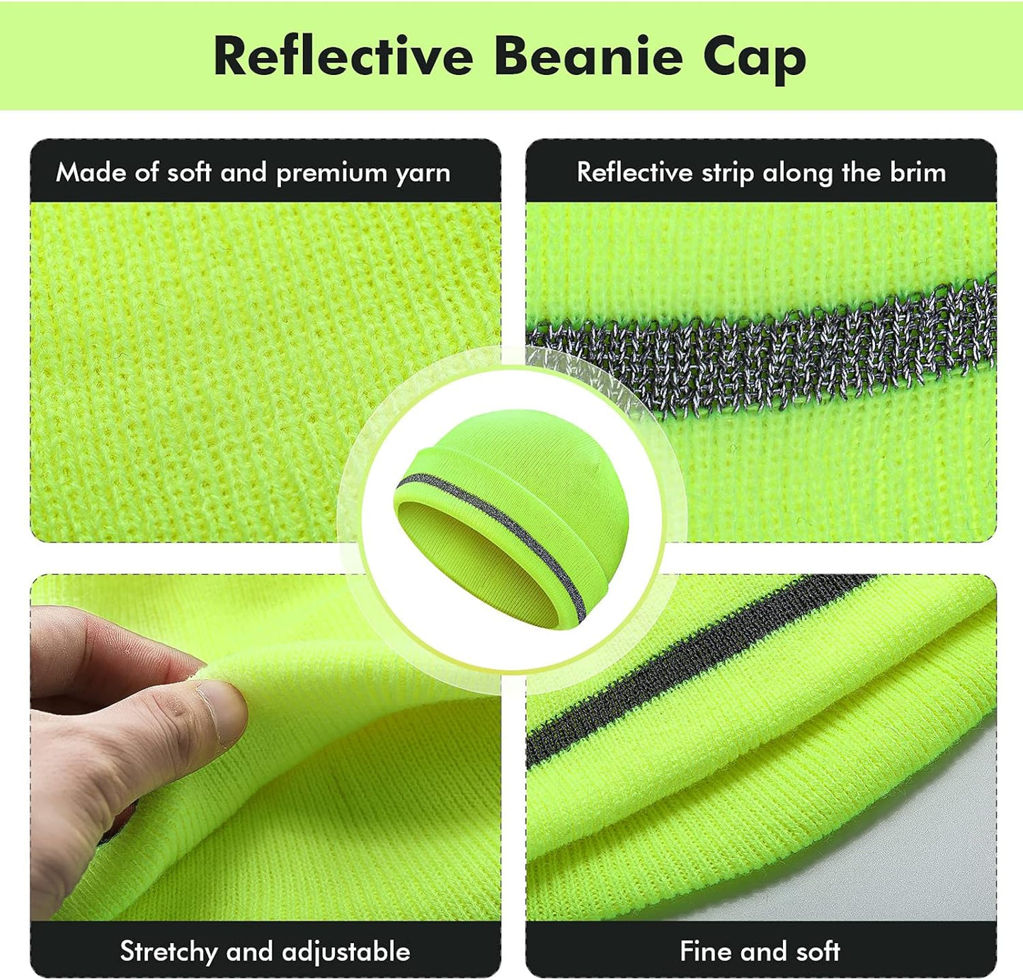 Reflective Knit Hat Safety Beanies Adult High Visibility Beanie Neon Winter Knit Caps with Reflective Stripe