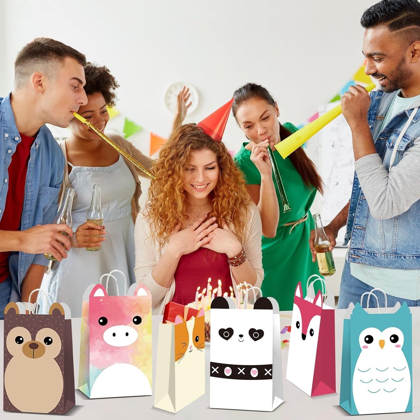 12 PCS Cute Animals Theme Party Favor Bags with Handles Squish Kawaii Animal Birthday Gift Bags Goodie Paper Bag Squish Animals Party Favors for Kids Birthday Parties Supplies Baby Shower Decorations