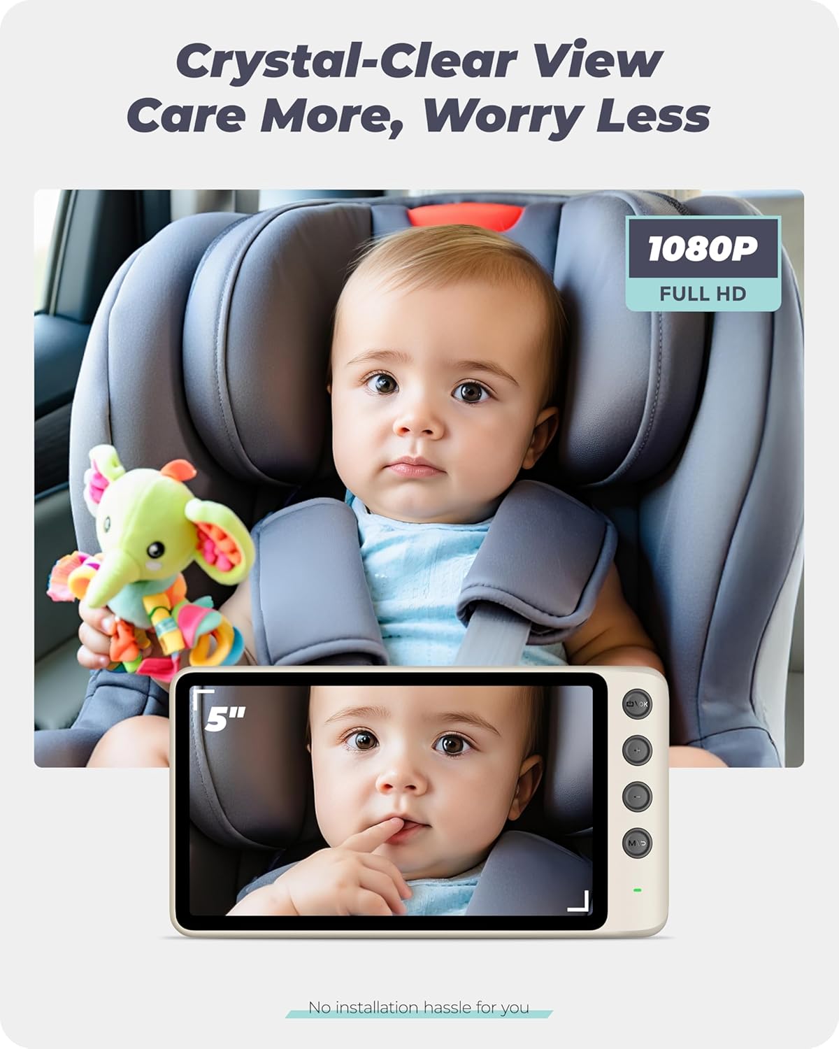 NO.1 Magnetic Baby Car Camera with 1080P IPS Monitor, Auto Night Vision & Magnetic Mount – 5" Display, Zoom/Mirror Modes, USB Powered, 5-Minute Setup, for Rear-Facing Infant, White