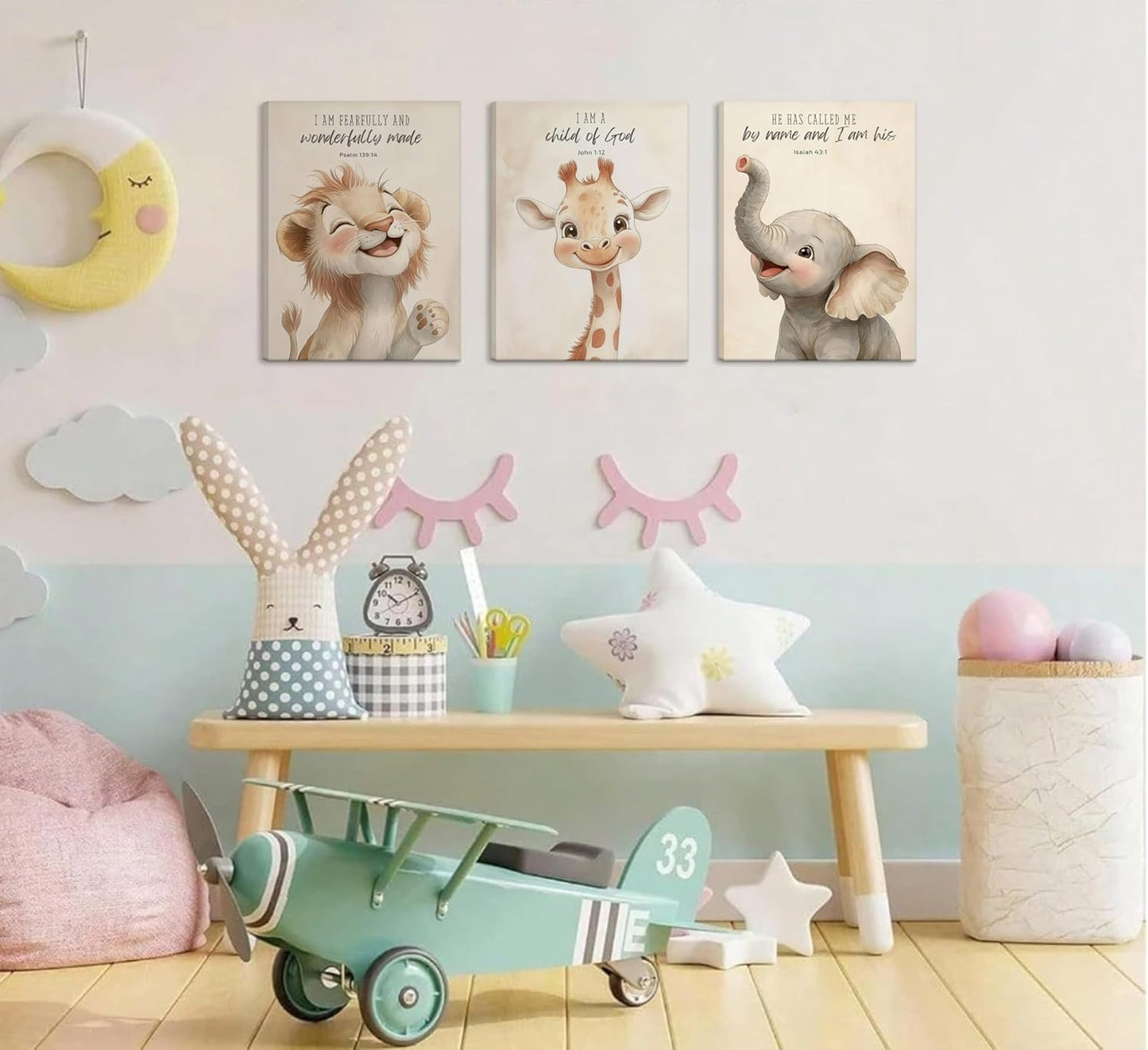 3Pcs Bible Verses Christian Nursery Safari Animals Canvas Wall Art Child of God Cute Animals Picture Wall Decor Lion Giraffe Elephant Poster Print Artwork for Kids Boys Girls Room Home Decoration