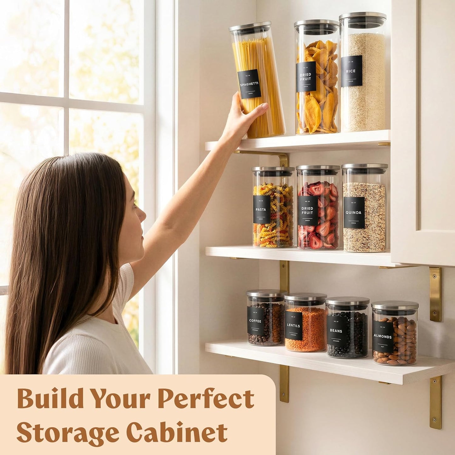 Glass Storage Containers with Stainless Steel Lids [Extra Thick Glas] with 54 Labels - Canister For Pantry Noodles Flour Cereal Rice Sugar Tea Coffee Beans - Round Set of 5x