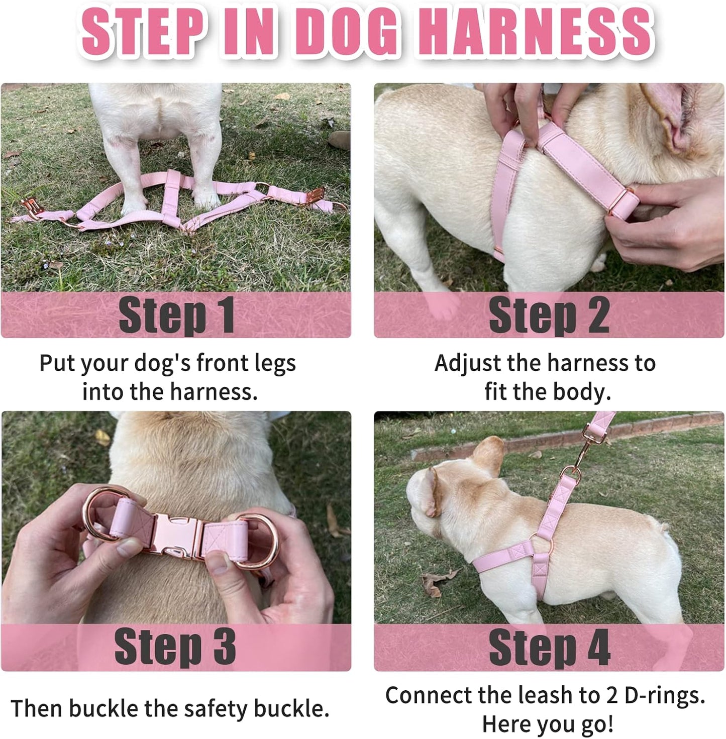 Soft Leather No Pull Dog Harness - Adjustable Step in Dog Harness with Rose Gold Heavy Duty Metal Buckle, Freedom Nylon Dog Halter Vests for Small Medium Large Dogs Easy Walking Training (Pink,L)