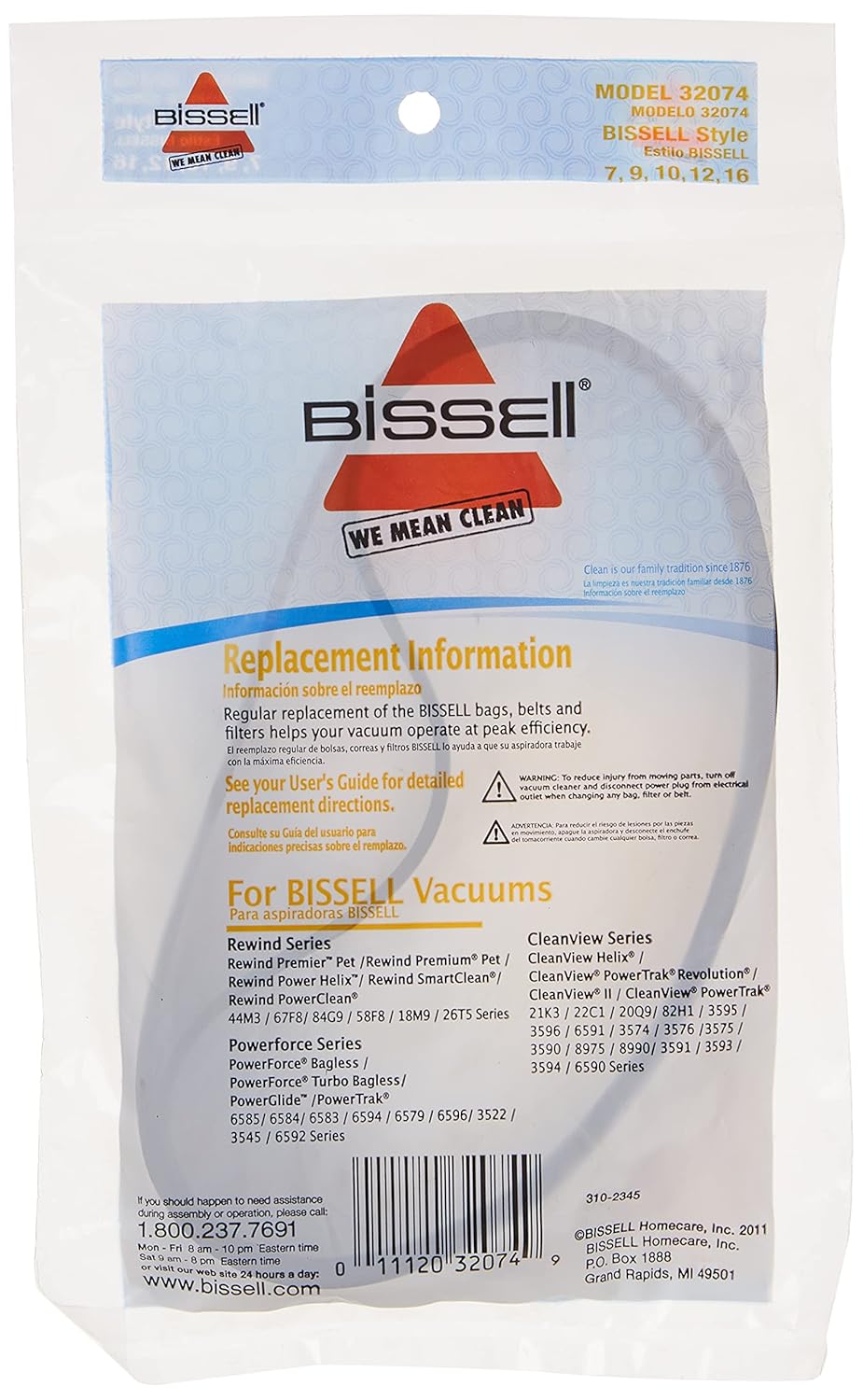 BISSELL Style 7/9/10/12/16 Replacement Vacuum Belts, New Genuine OEM Replacement Belts, 2 Count, Model 32074
