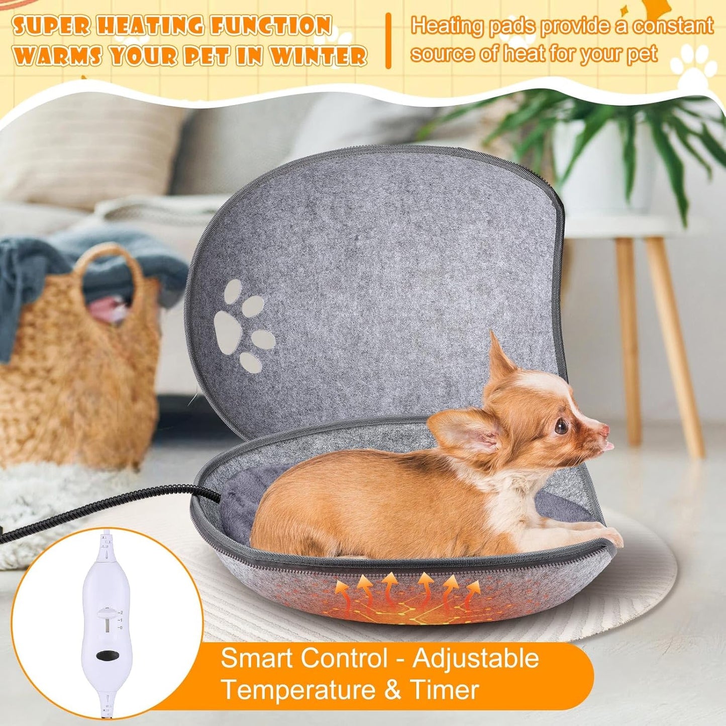 Heated Cat Bed, Indoor Heated Cat Cave, Warmer Thermal Pet Bed with Removable Waterproof Heater for Kitty Small Dogs Gray (18.1 x 15 x 9.8 Inches)