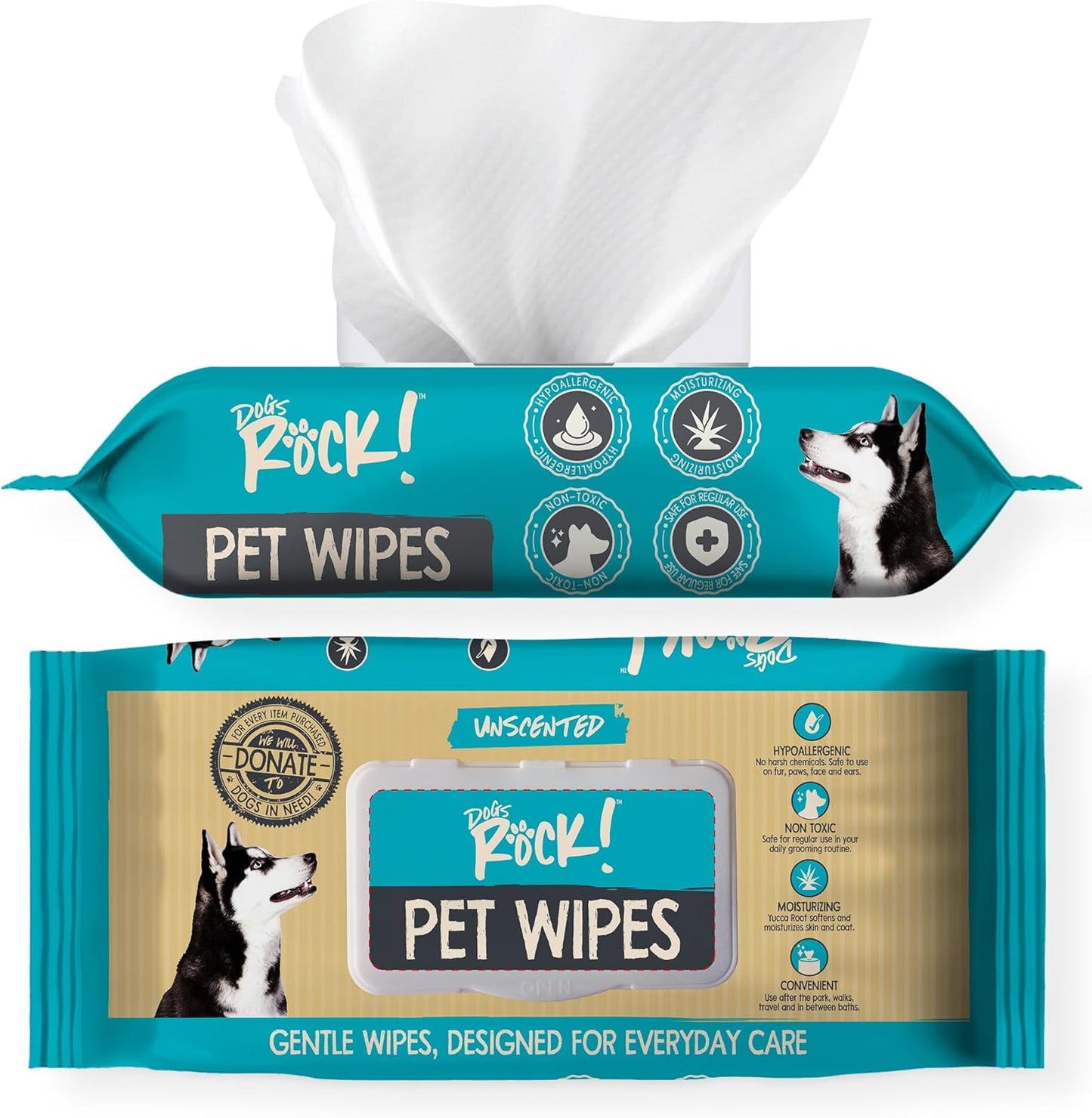 Dogs Rock! Pet Wipes for Dogs – 100 Count Hypoallergenic Dog Wipes for Paws, Face, Ears & Body – Unscented, Alcohol-Free, Thick & Gentle with Aloe
