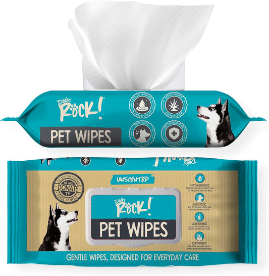 Dogs Rock! Pet Wipes for Dogs – 100 Count Hypoallergenic Dog Wipes for Paws, Face, Ears & Body – Unscented, Alcohol-Free, Thick & Gentle with Aloe