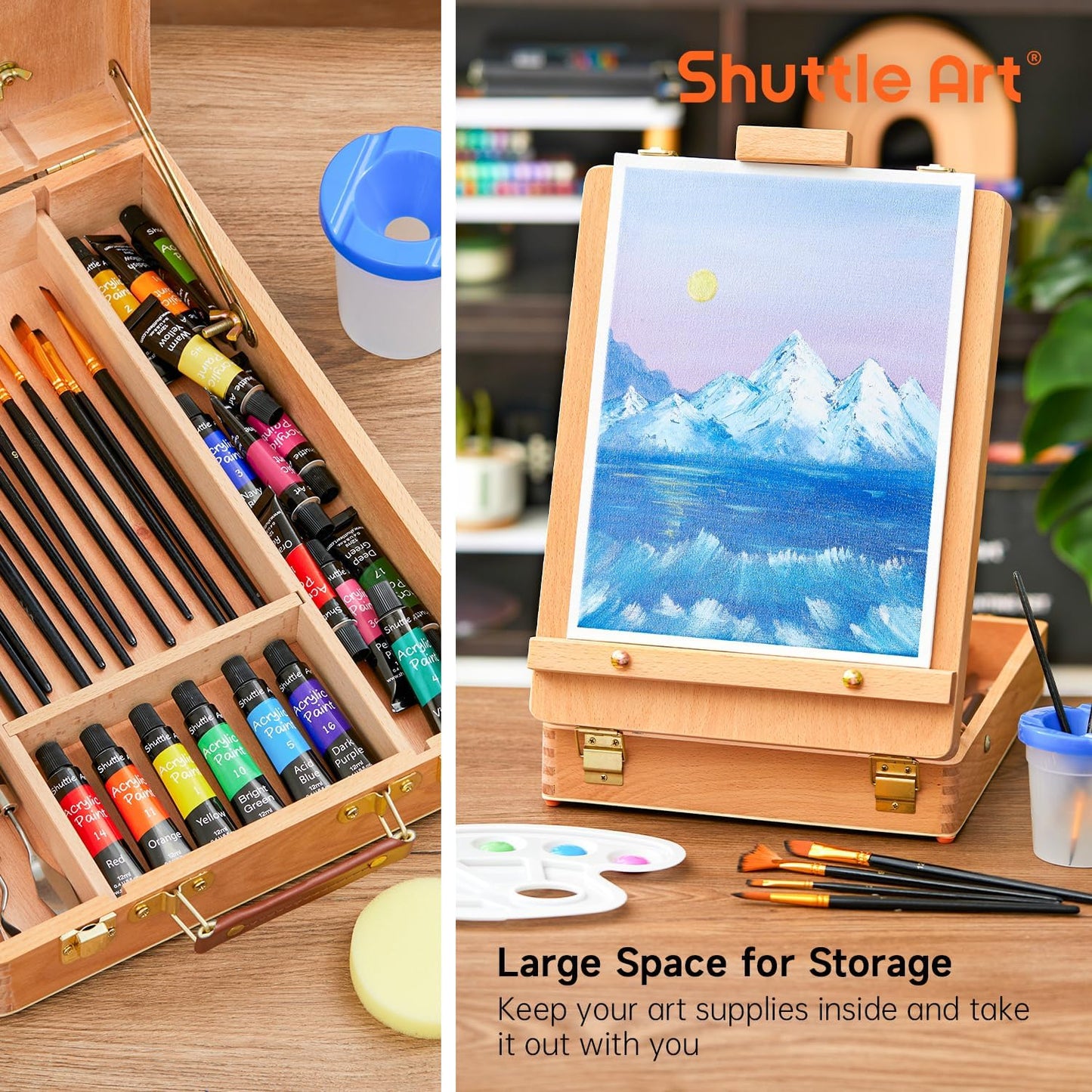 65 Pack Acrylic Paint Set, Shuttle Art Acrylic Painting Set with Wooden Easel, 30 Colors Acrylic Paint, Painting Canvas, Paint Brushes, Palettes, Art Painting Supplies for Kids Adults Beginner Artists