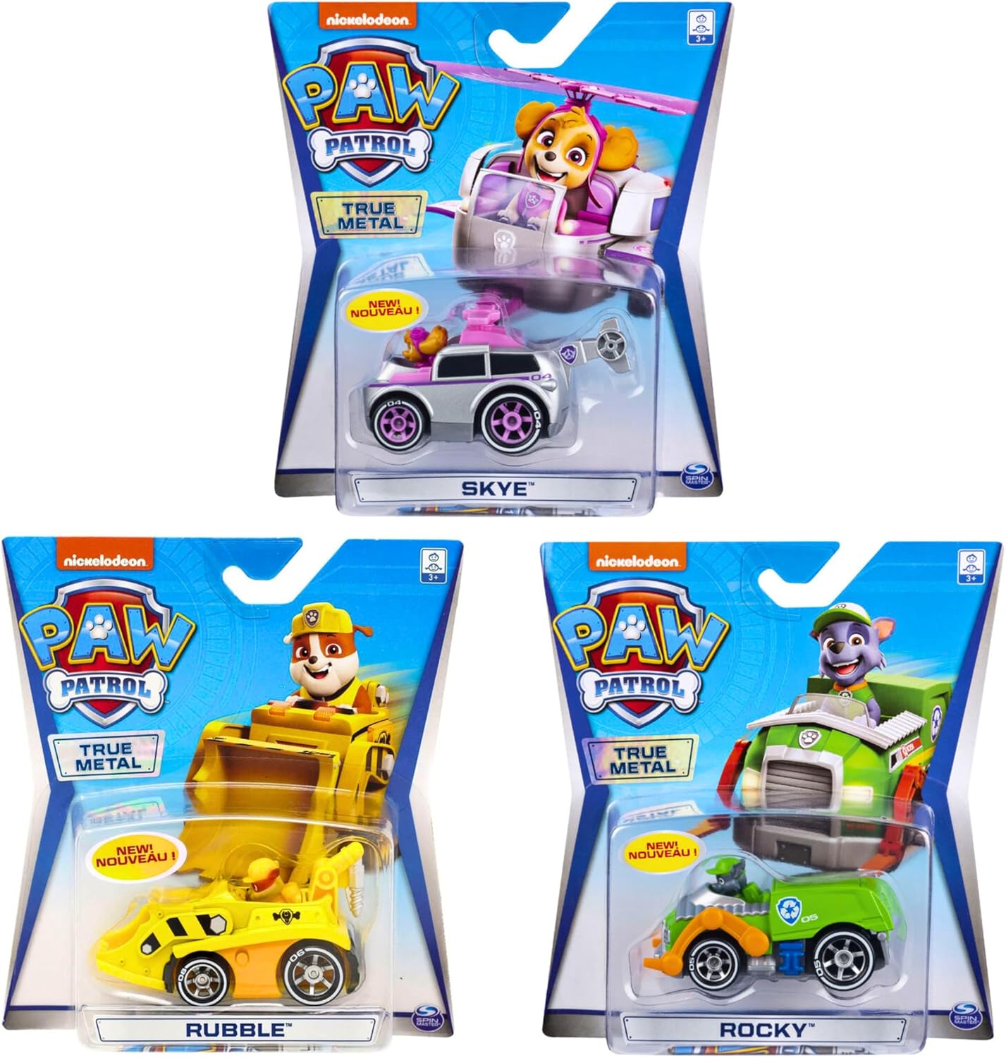 Paw Patrol - True Metal Collectible Diecast Toy Vehicle Bundles - Set 2 Pack of 3 - Skye, Rubble, & Rocky