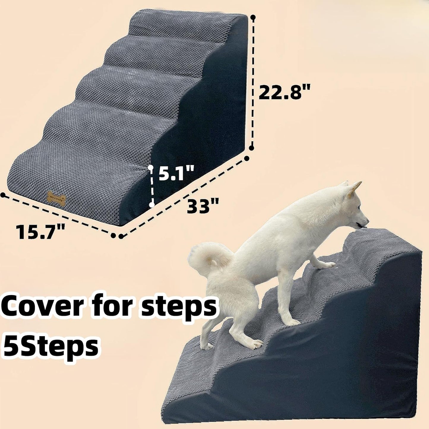 Pet Steps Cover for Small Dogs and Cats, Portable Foam Dog Ramp Stairs for Couch, Sofa, and High Bed Climbing - Grey 5-Step 33.1" L x 15.8" W x 22.9" H (Cover Only)