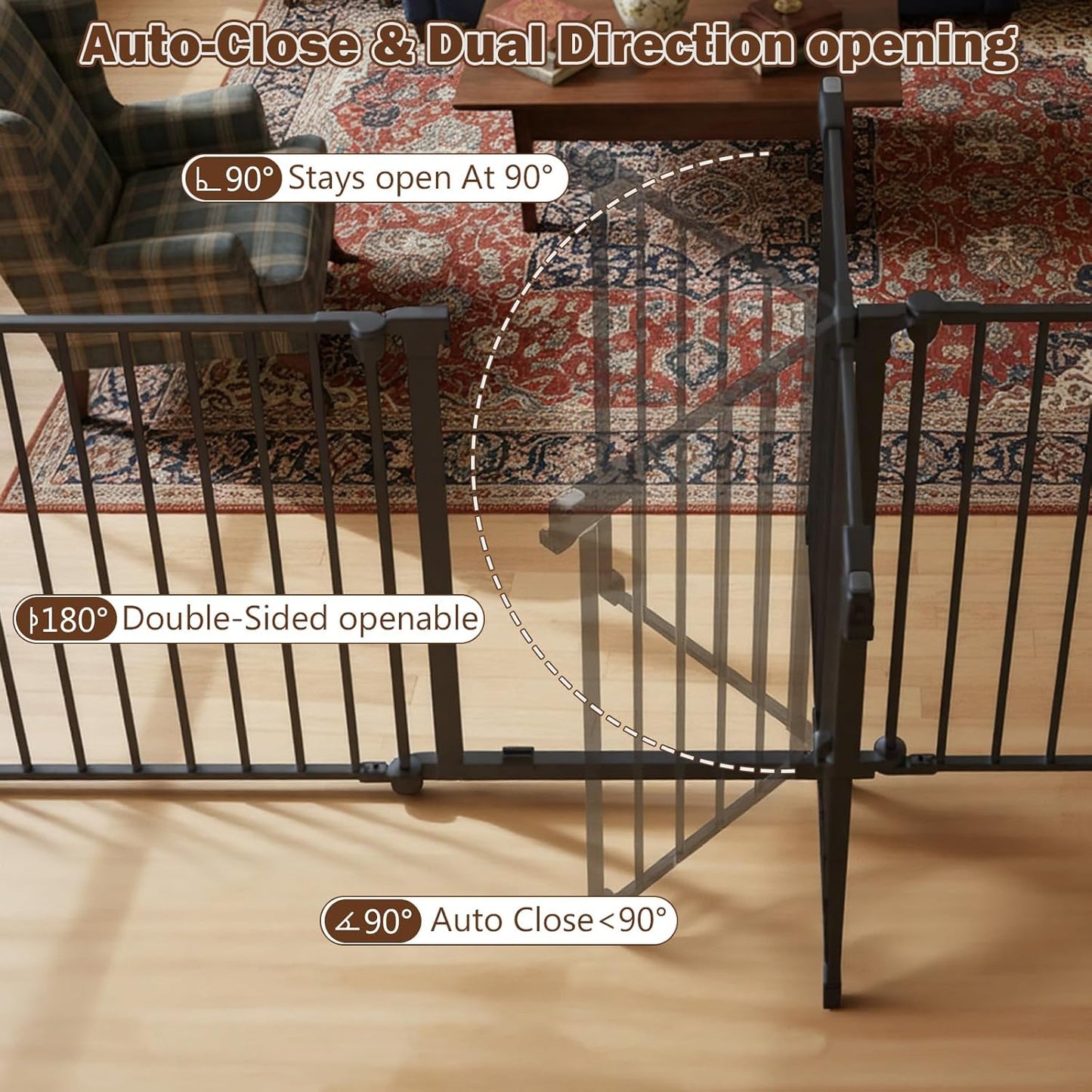 Mumeasy 출입구, 계단 및 벽난로용 320cm(126인치) 엑스트라 와이드 베이비 게이트, 자동 닫힘 안전 개 및 반려동물 게이트, 산책로 문 포함, 복도 주방 집 실내 실외용 어린이 보호 울타리, 금속 패널 5개, 블랙